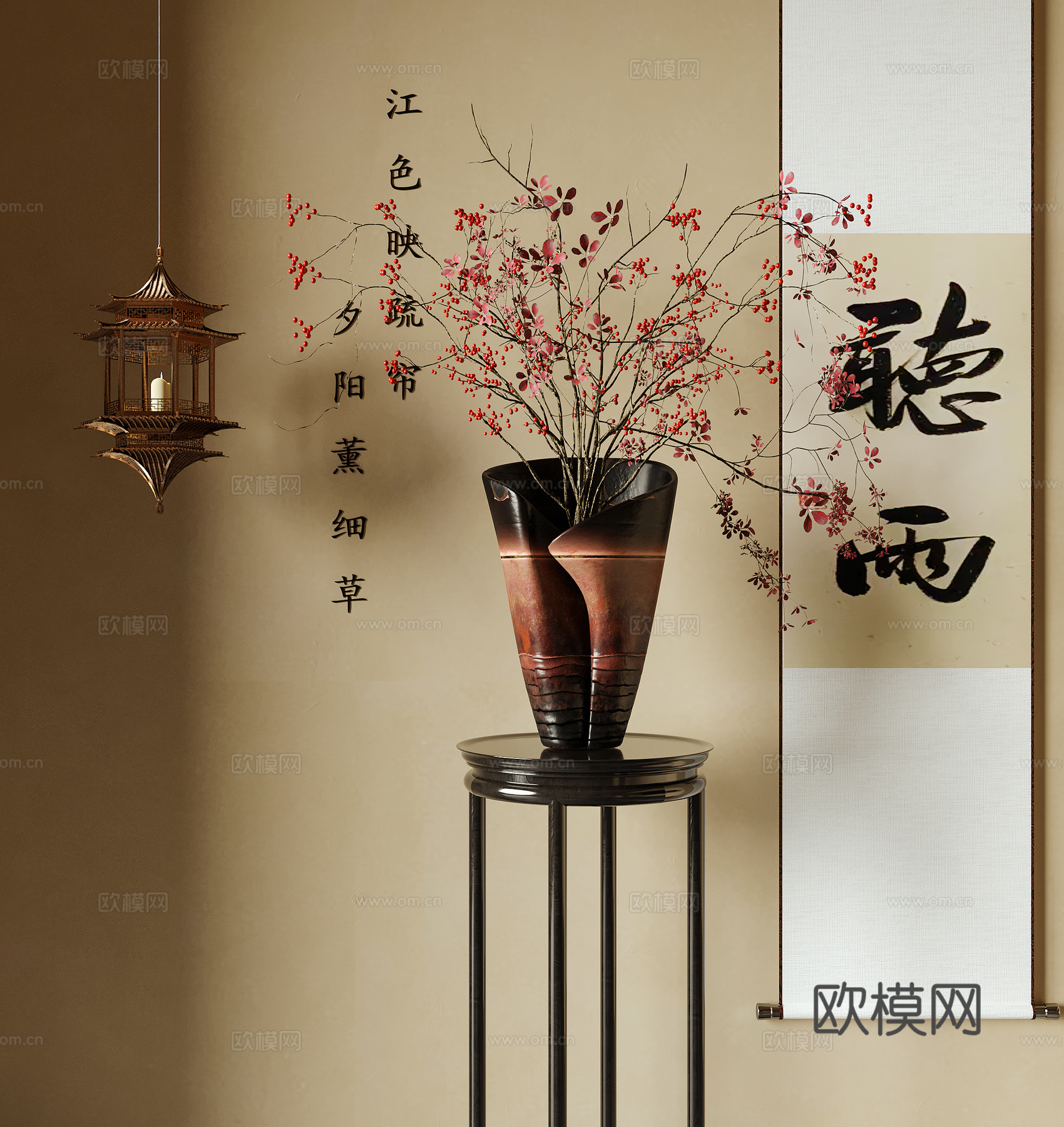 新中式花瓶花艺 挂画 插花花艺 吊灯3d模型