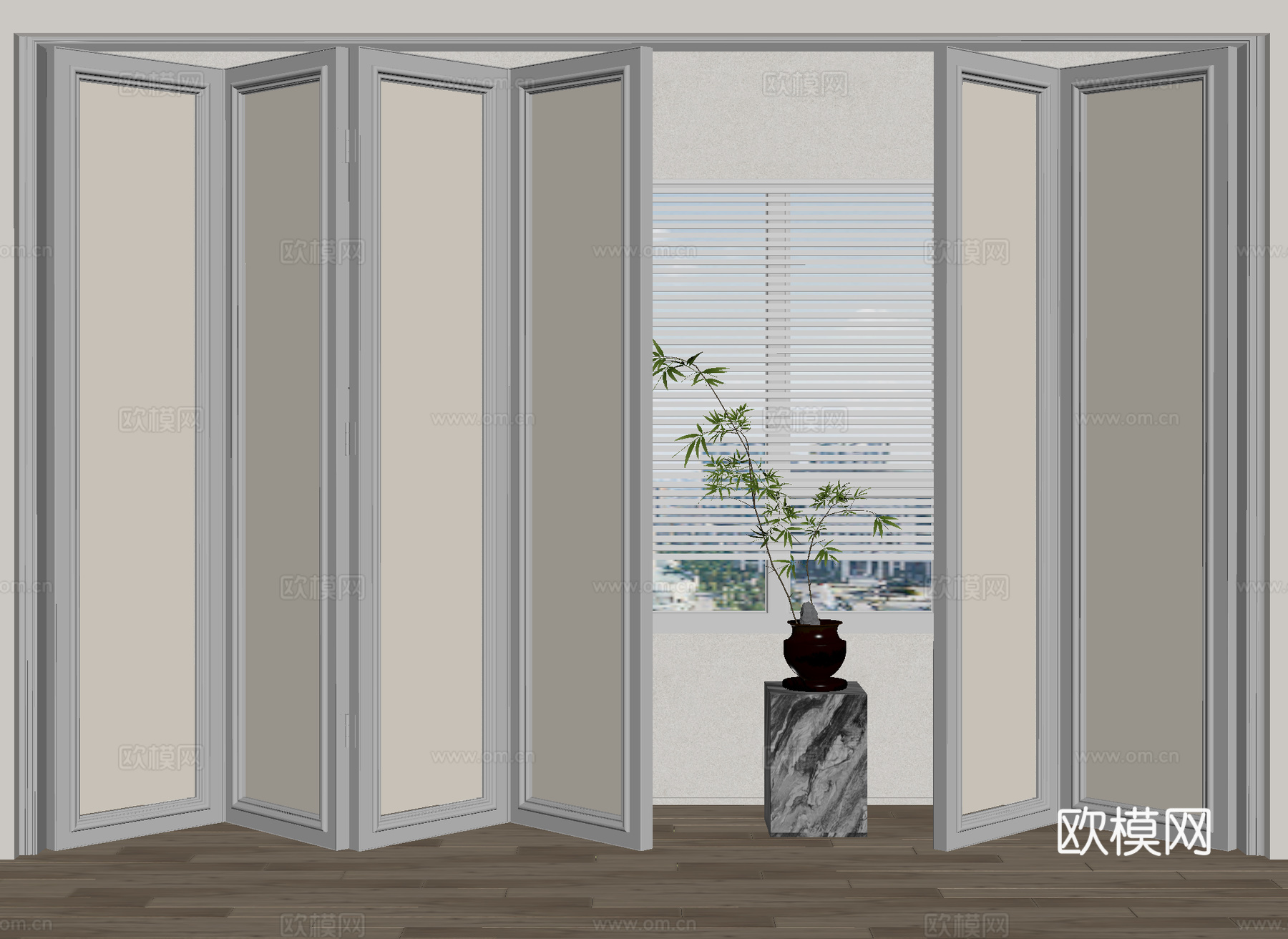 百叶推拉门 折叠门 花几 花艺su模型