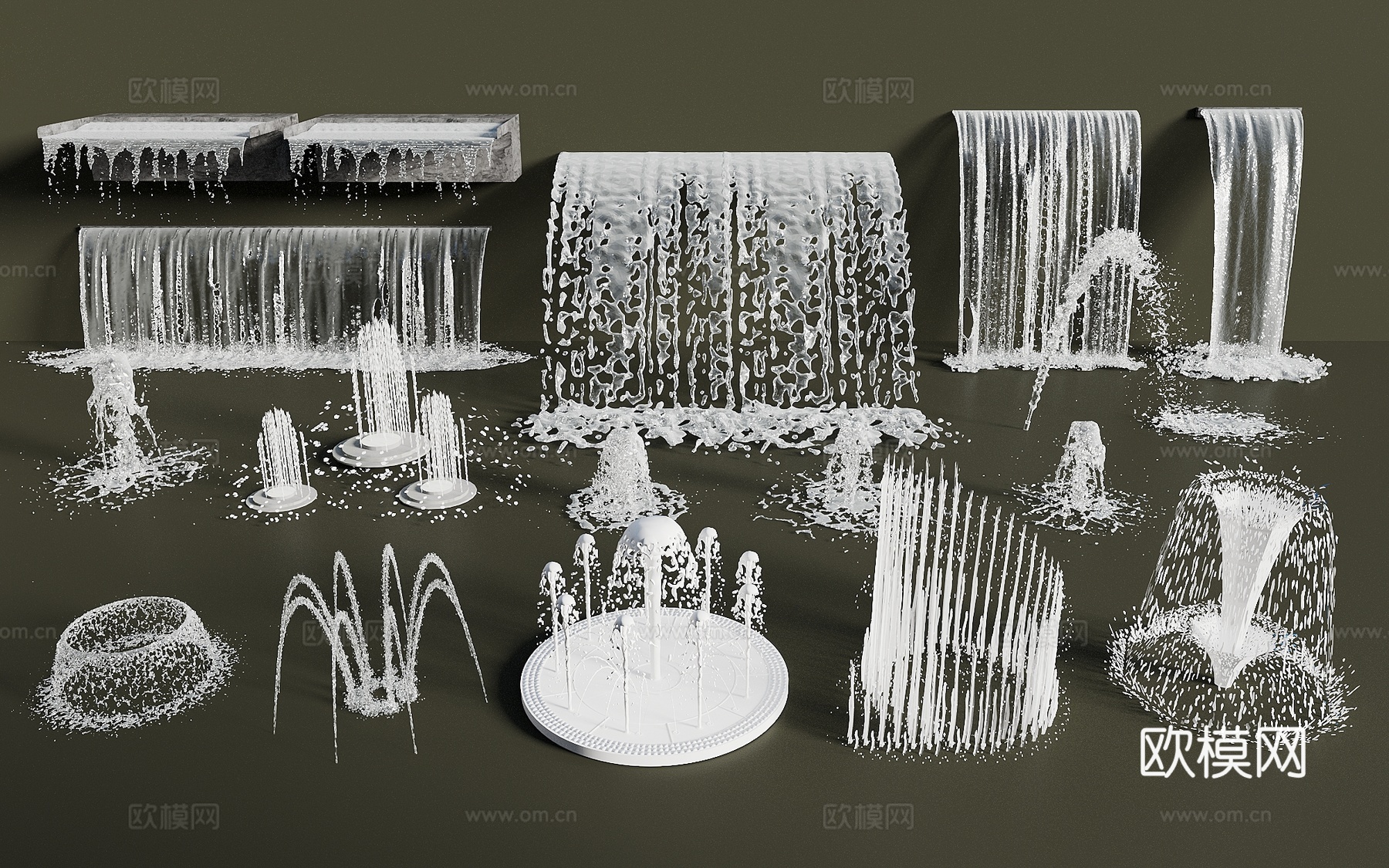 现代喷泉水景 旱喷 涌泉 水柱水花 跌水 商业景观互动水景3d模型