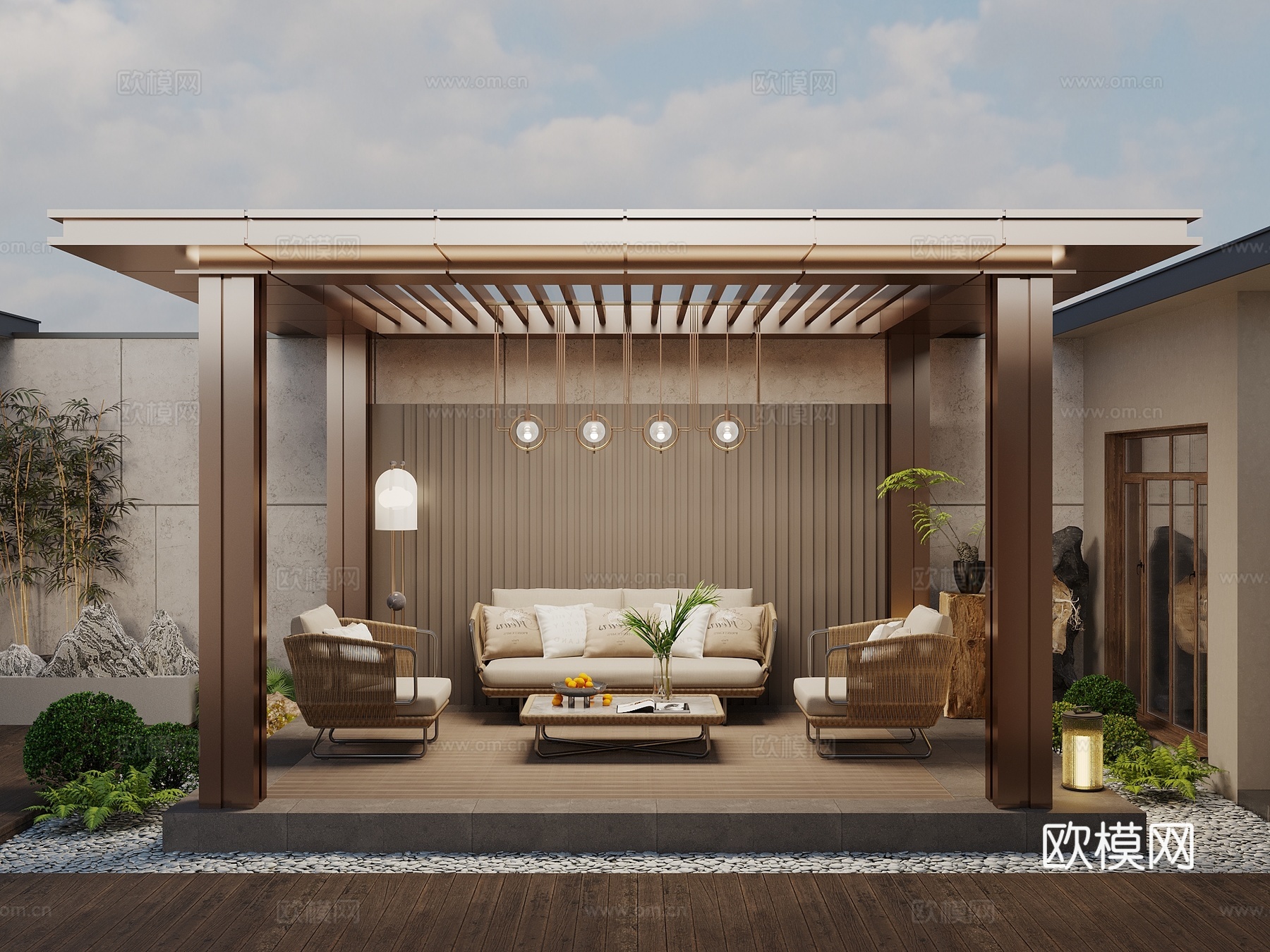 新中式庭院廊架 凉亭 亭子 户外沙发座椅 植物堆 景观植物3d模型