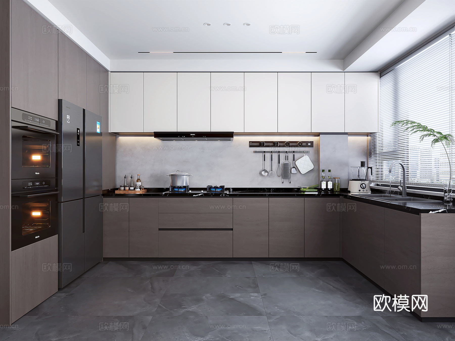 意式轻奢封闭式厨房 意式轻奢厨房 橱柜 油烟机灶具 冰箱 厨3d模型