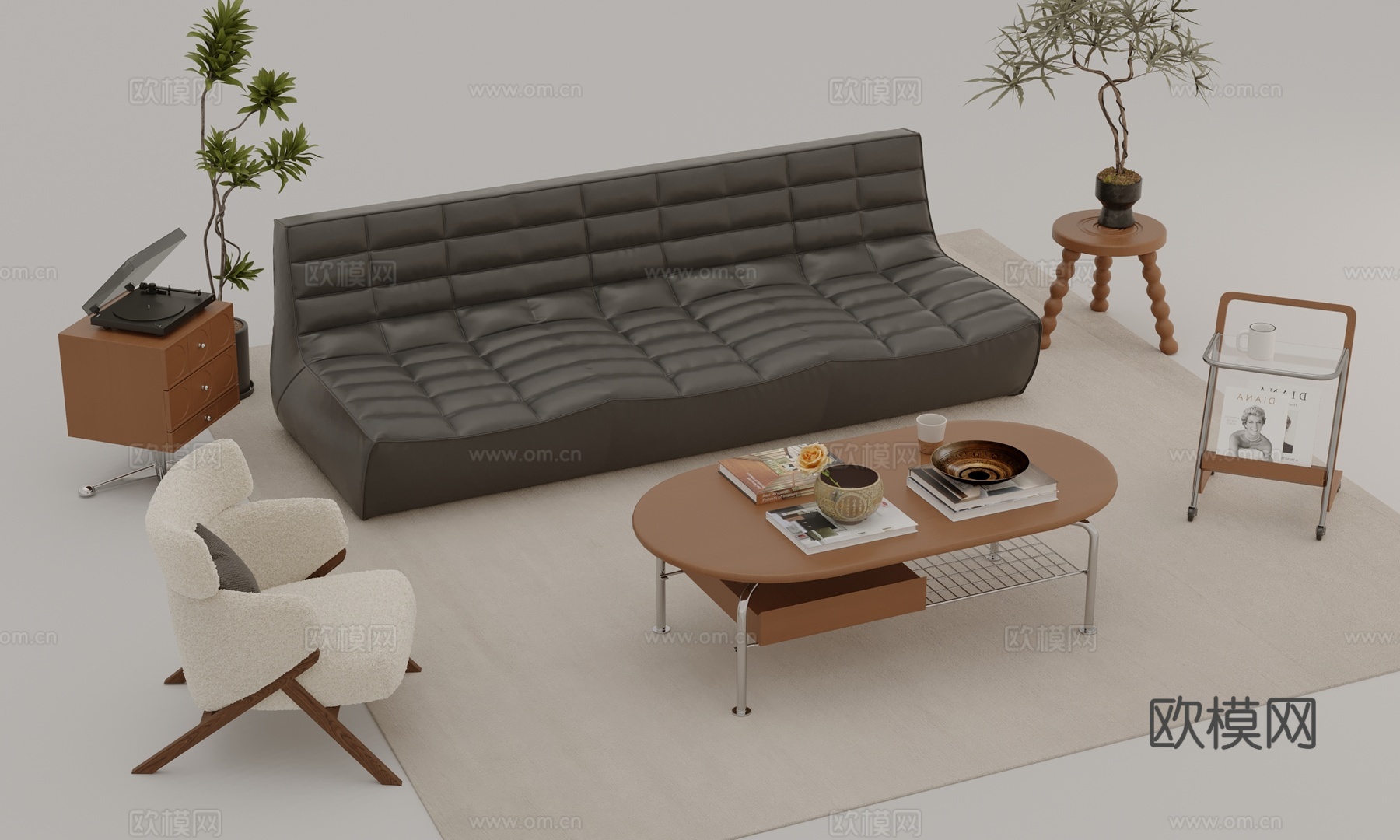 中古风客厅沙发茶几单椅边几组合3d模型