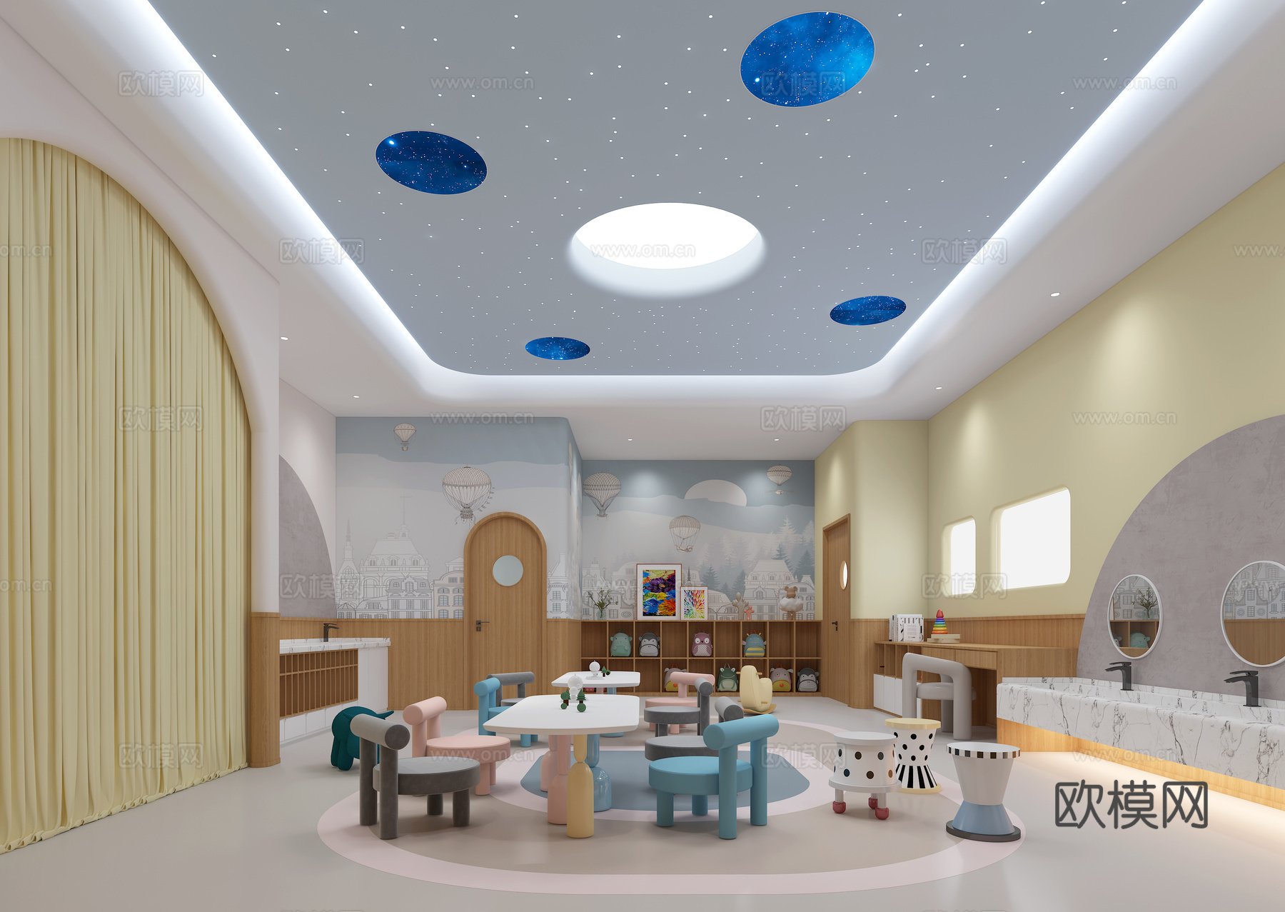 幼儿园教室早教教室儿童托育教室儿童卡通桌椅儿童书包星空顶天花3d模型
