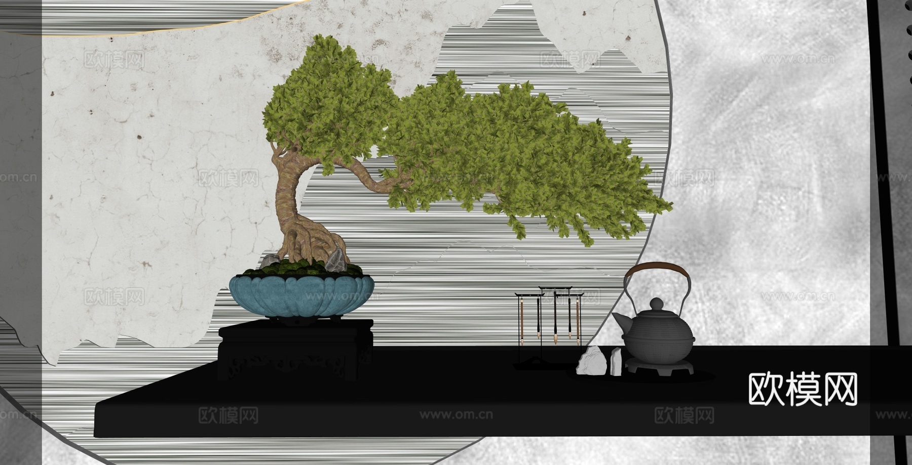 新中式绿植盆栽 背景墙 摆件su模型