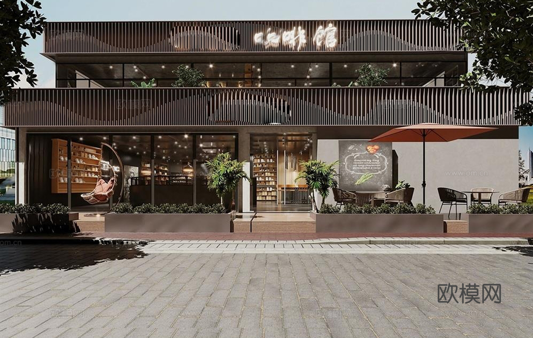现代简约咖啡馆 门头建筑su模型