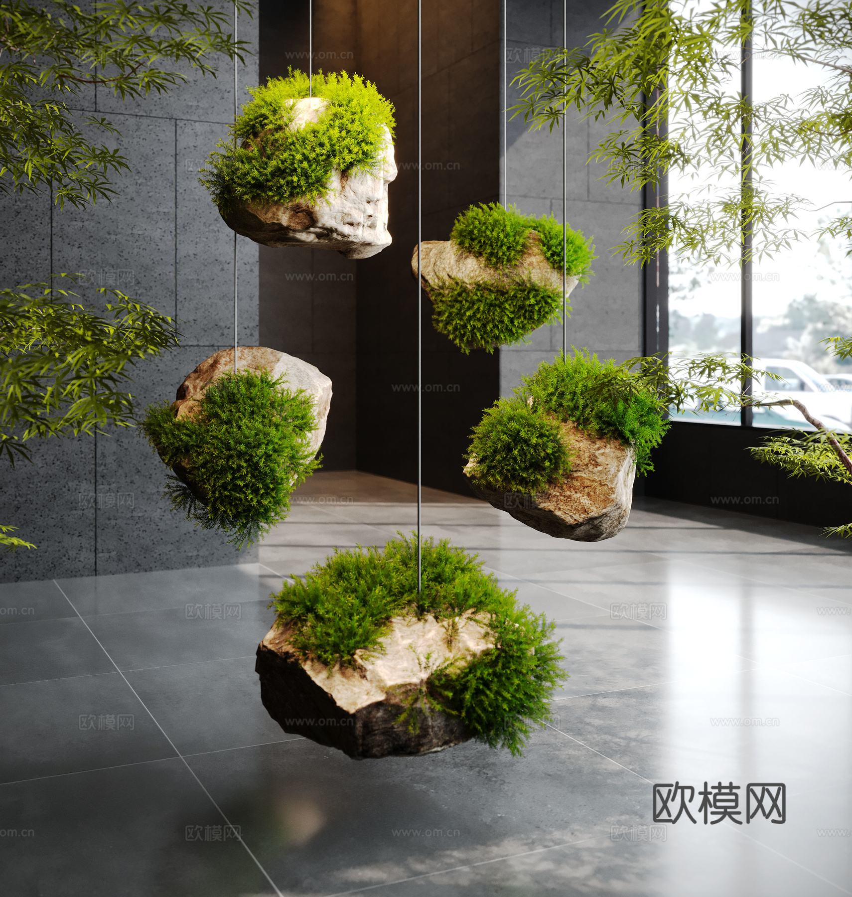 现代植物艺术装置 苔藓装置 石头装置 植物景观 植物吊饰su模型