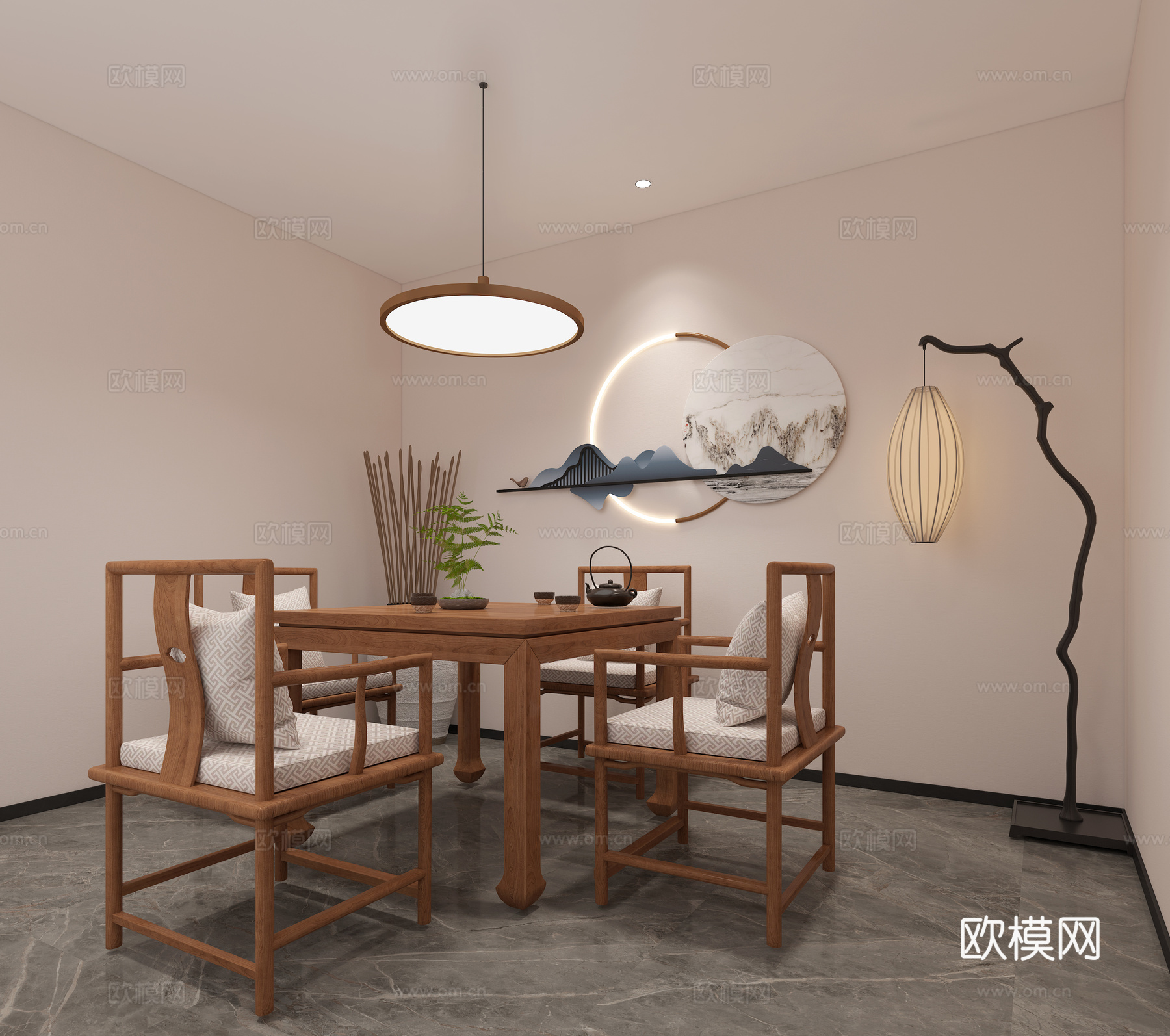 新中式茶室茶桌新中式麻将室新中式落地灯新中式卷轴挂画中式柱子3d模型