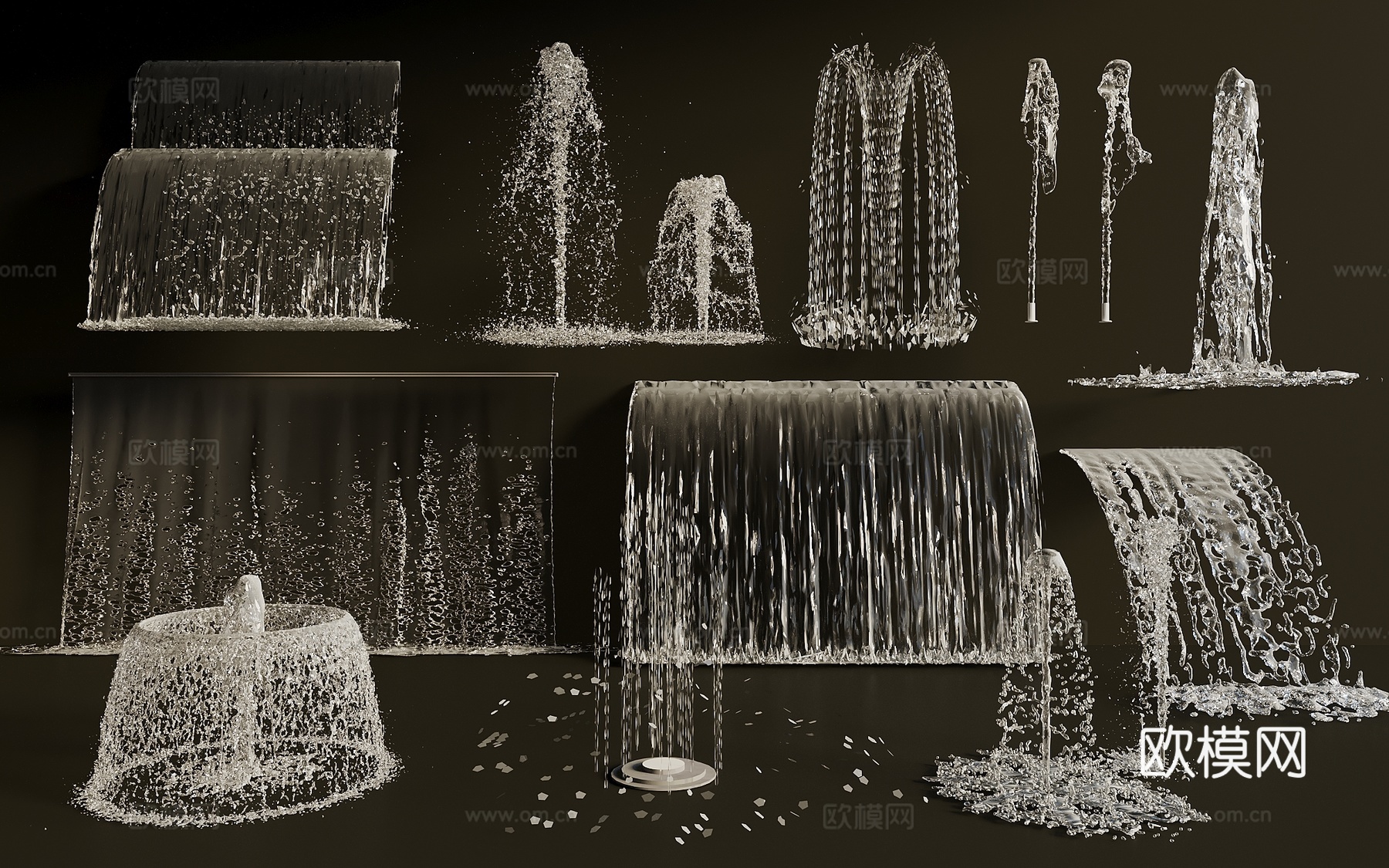 现代喷泉水景 旱喷 涌泉 水柱水花 跌水 商业景观互动水景3d模型