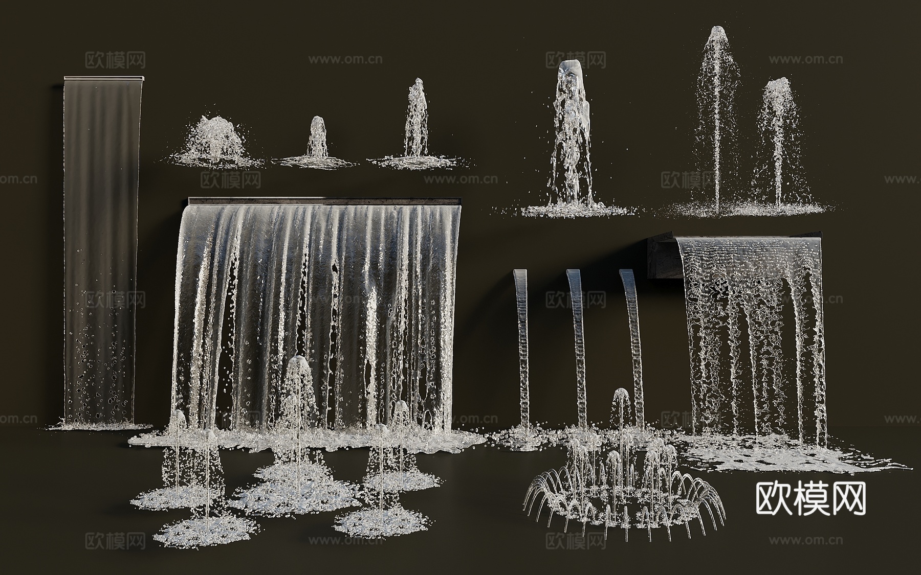 现代喷泉水景 旱喷 涌泉 水柱水花 跌水 商业景观互动水景3d模型