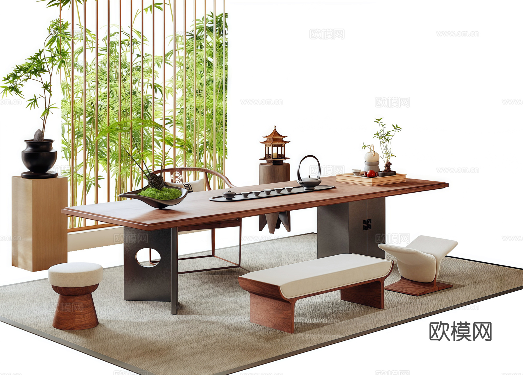 新中式茶桌椅组合 绿竹景观小品3d模型