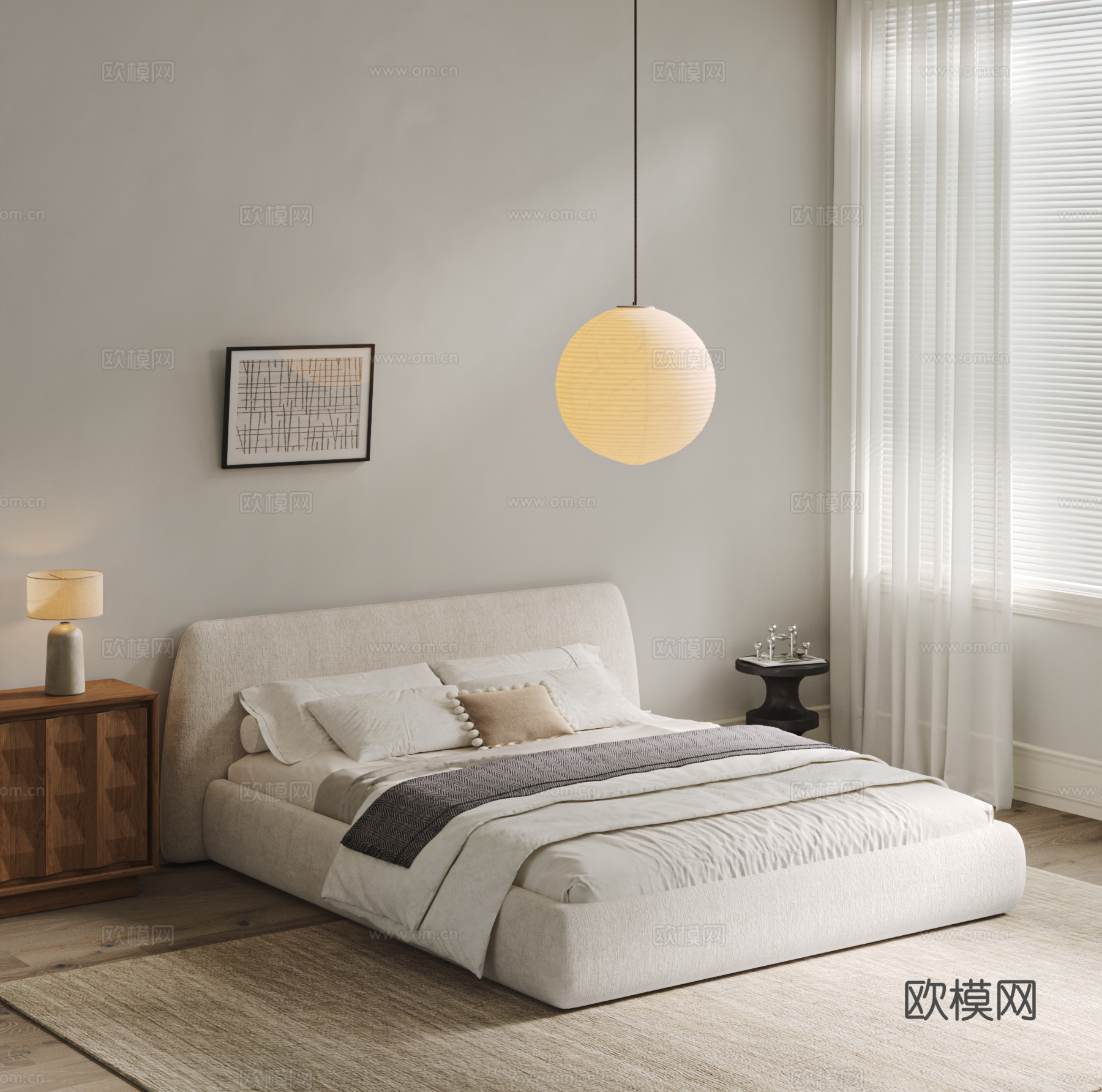 现代奶油风双人床 卧室 布艺床 床具床品 吊灯 地毯 床头柜su模型