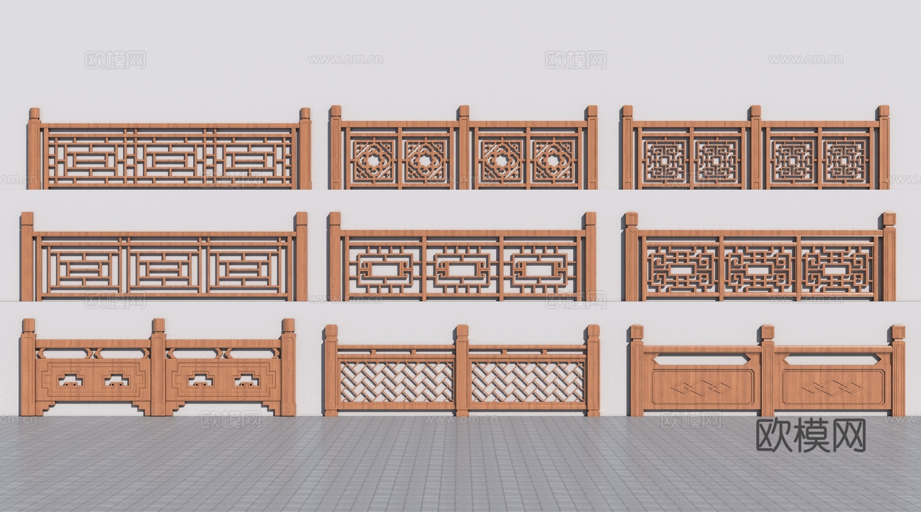 中式护栏  木护栏  格栅护栏 木围栏3d模型