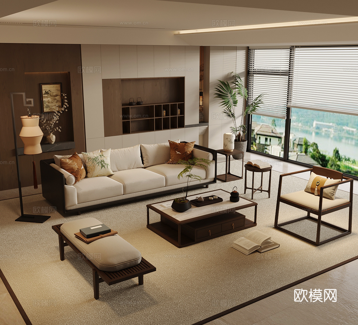 中式宋式客厅 新中式禅意客厅 宋式美学客厅 沙发茶几组合su模型