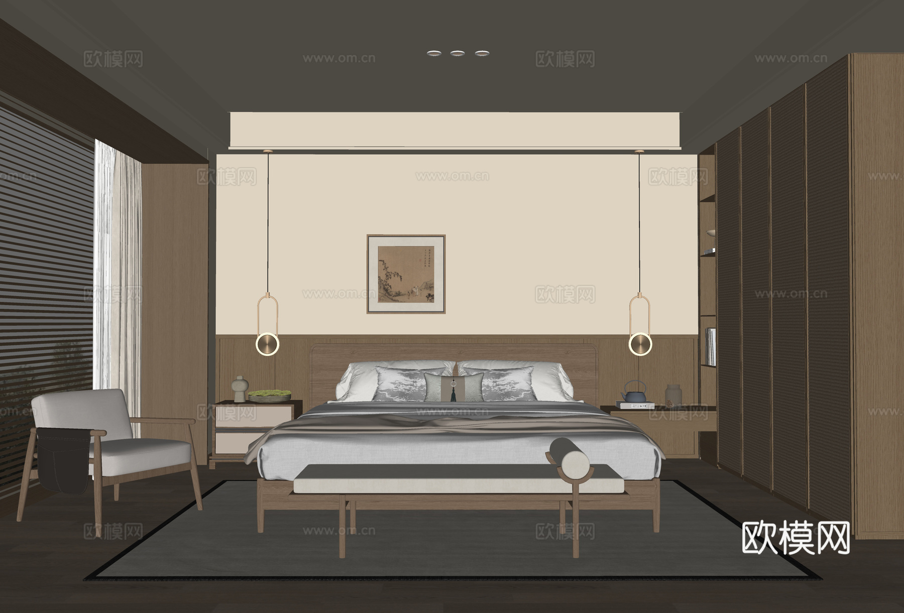 新中式卧室su模型下载（渲染图2）