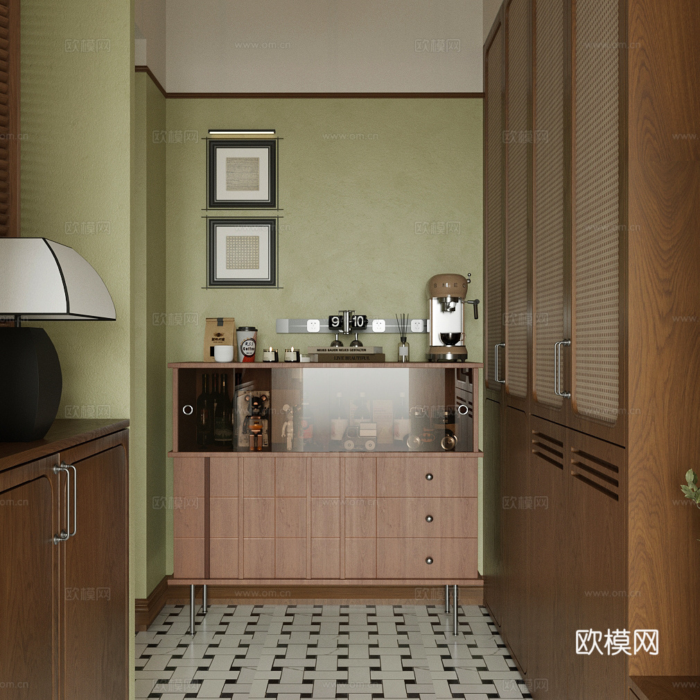 中古斗柜 餐边柜 餐柜 摆件组合 咖啡机su模型