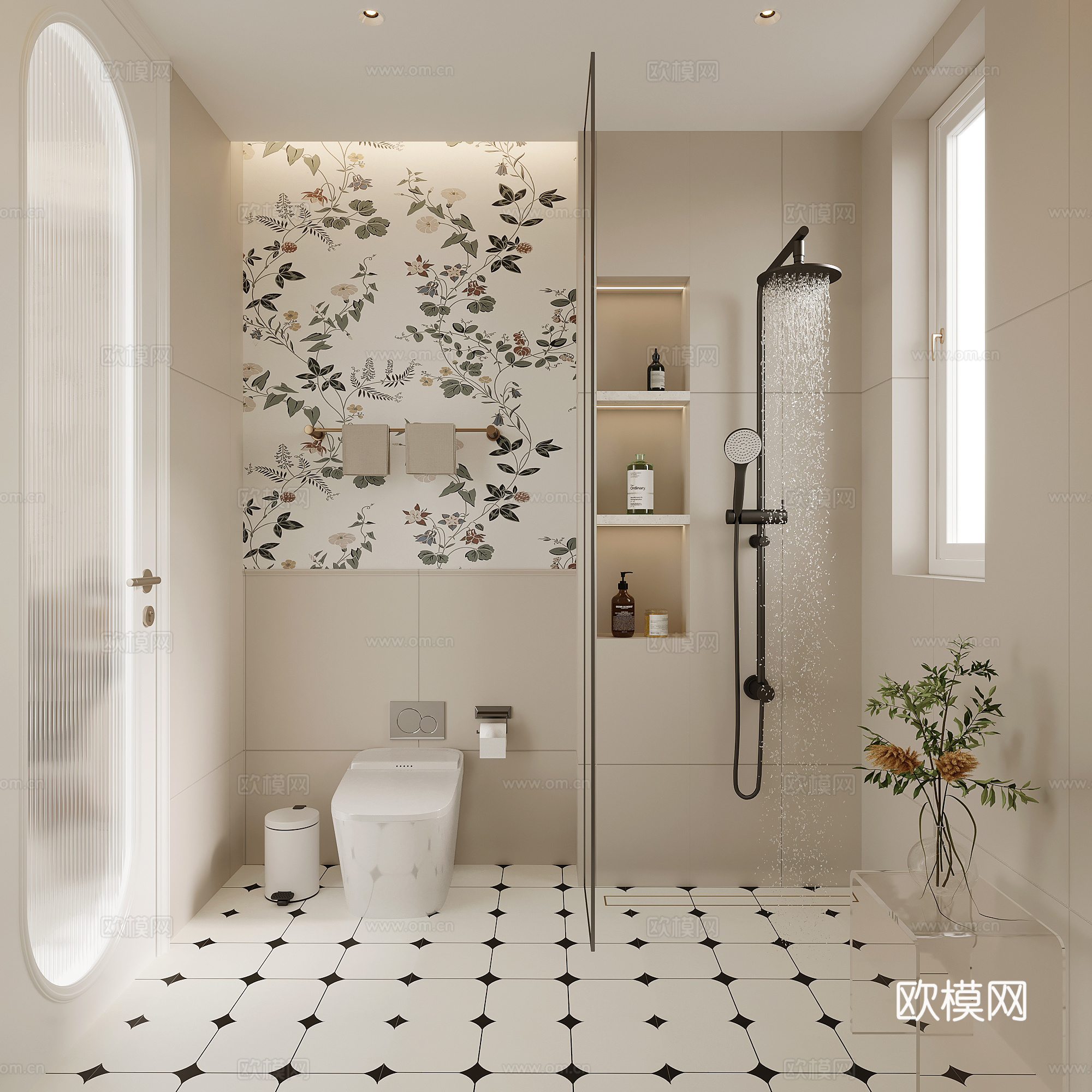 卫生间 现代奶油风卫生间湿区 马桶 花洒 毛巾架3d模型