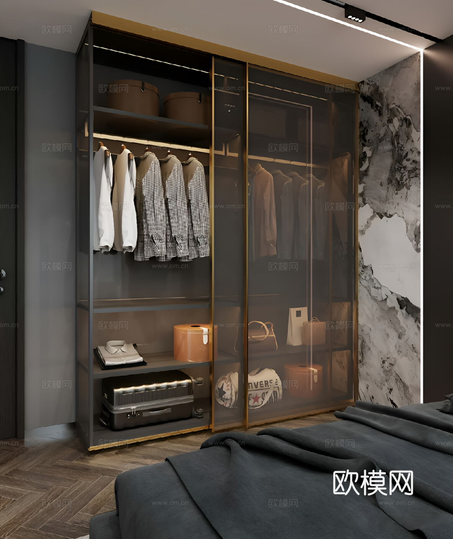 意式轻奢衣柜 玻璃衣柜 推拉 折叠3d模型