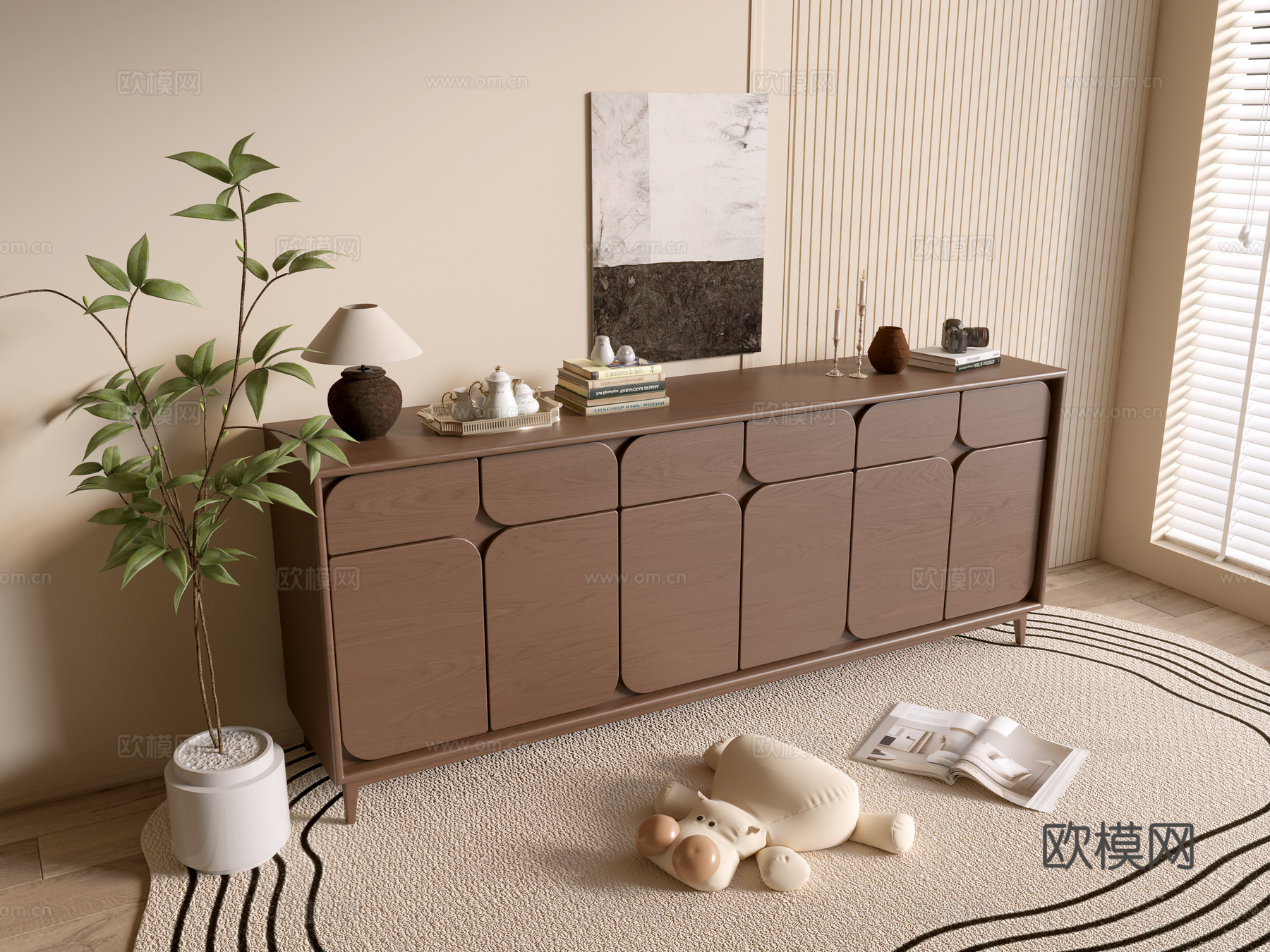现代木纹柜 极简风柜子  整体柜 餐边柜 阳台柜 储物柜3d模型下载