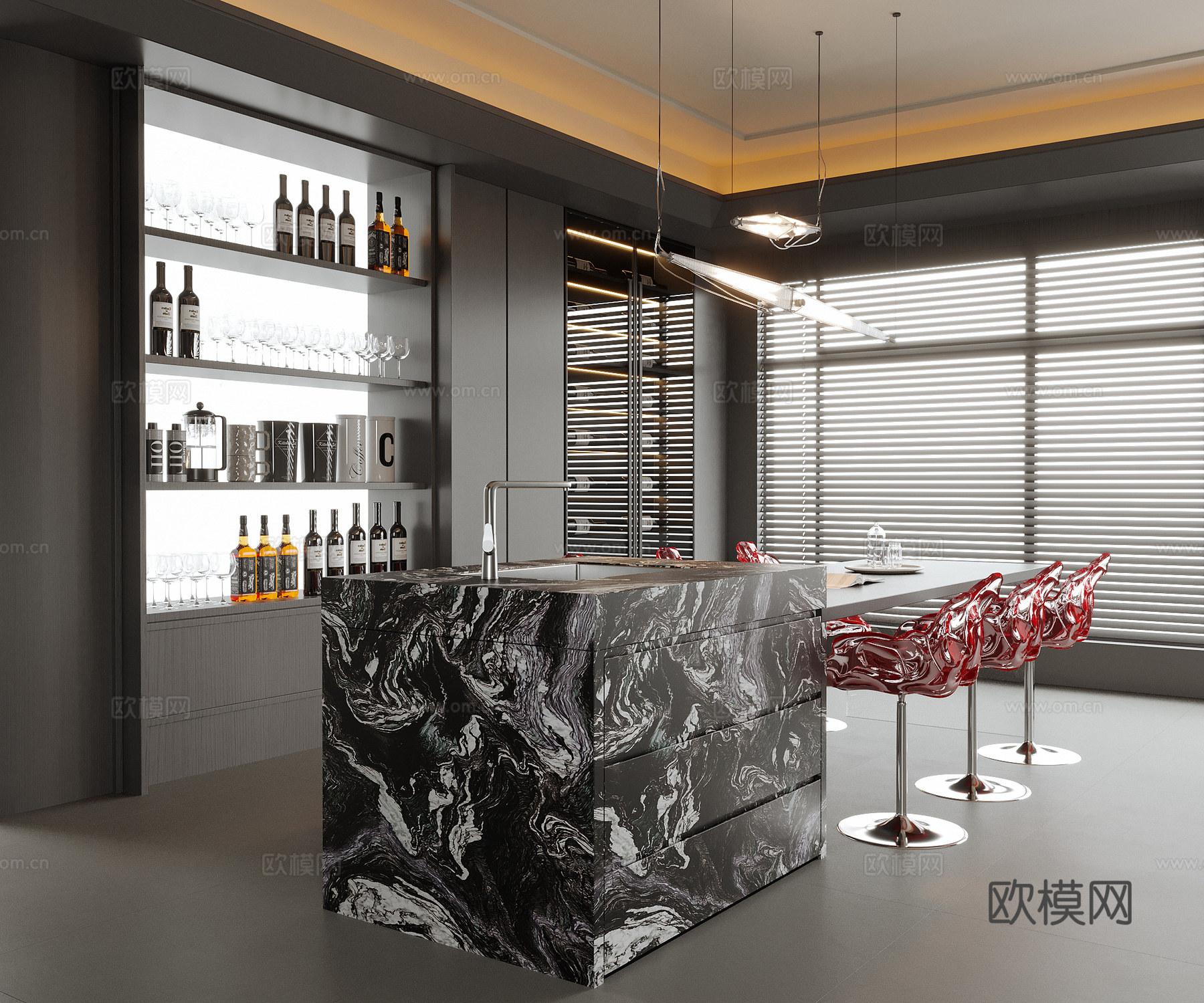 现代岛台餐厅 餐桌椅 酒柜 餐边柜3d模型