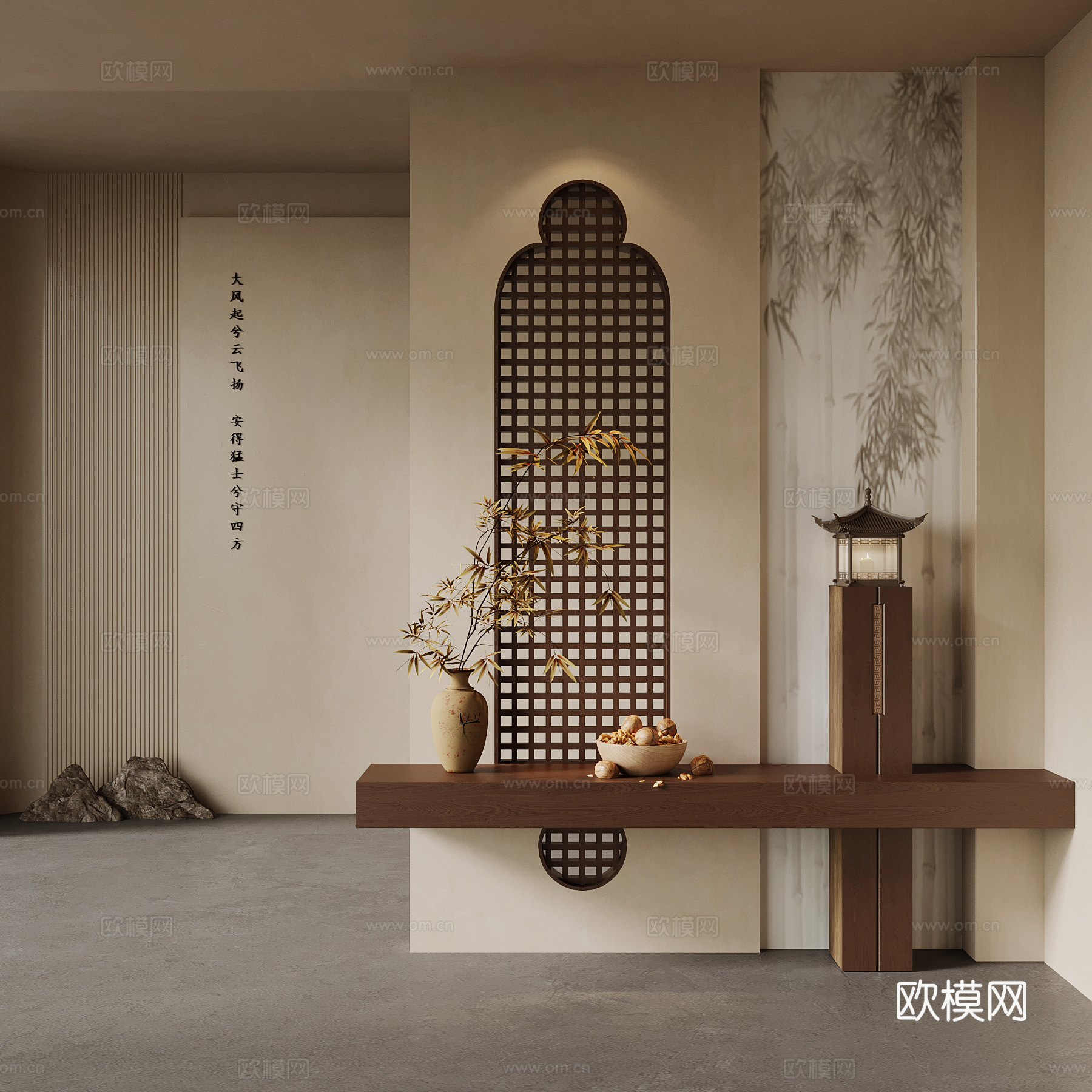 中古风玄关隔断 新中式玄关隔断  端景台 花瓶 装饰画3d模型