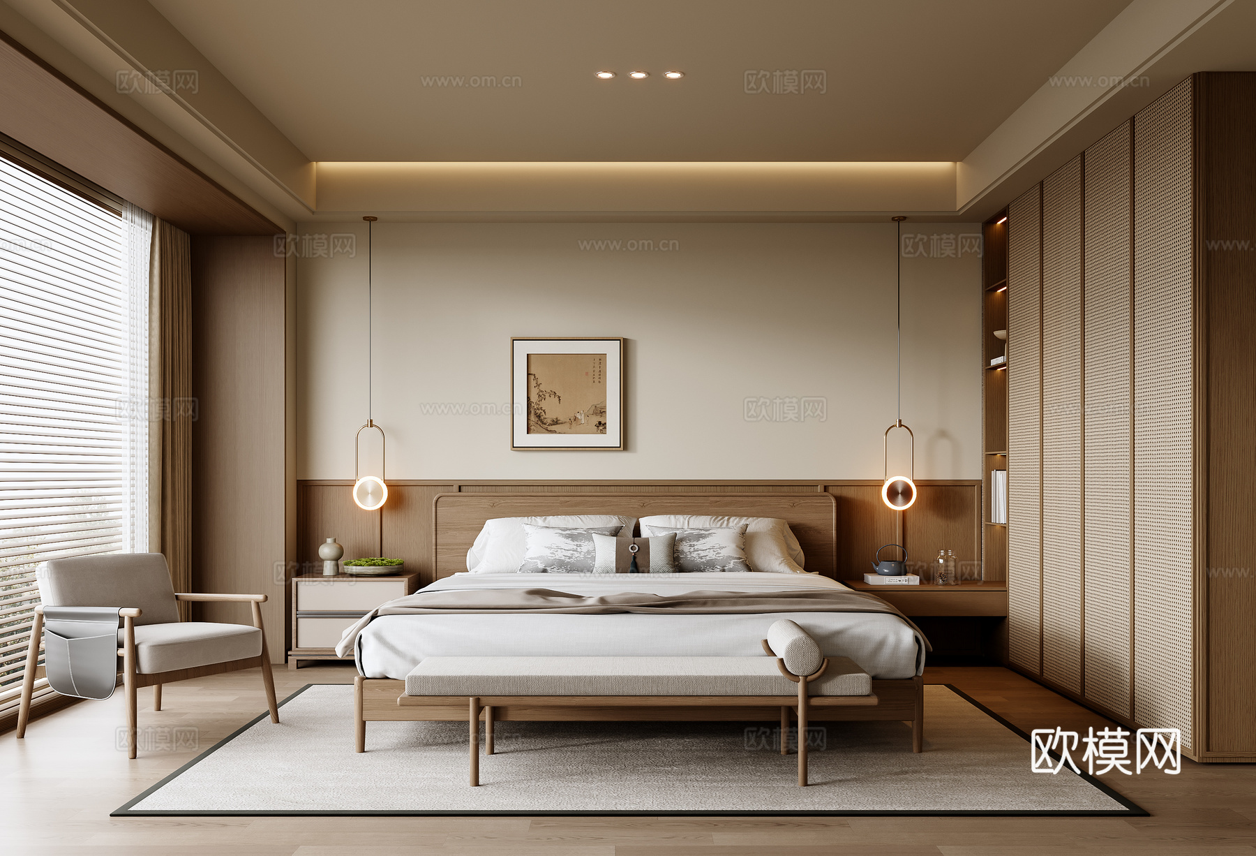 新中式卧室su模型下载（渲染图1）