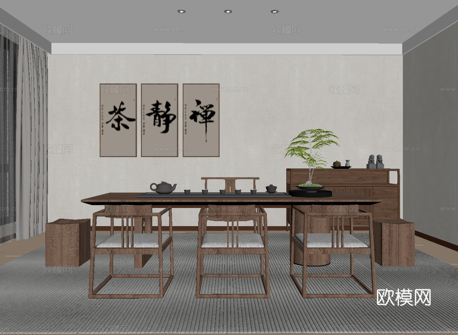 茶室 新中式茶室 茶桌椅组合 茶水柜 挂画su模型