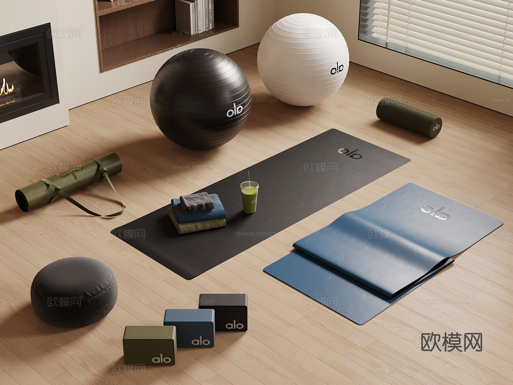 瑜伽垫 现代瑜伽垫 瑜伽球 健身房3d模型