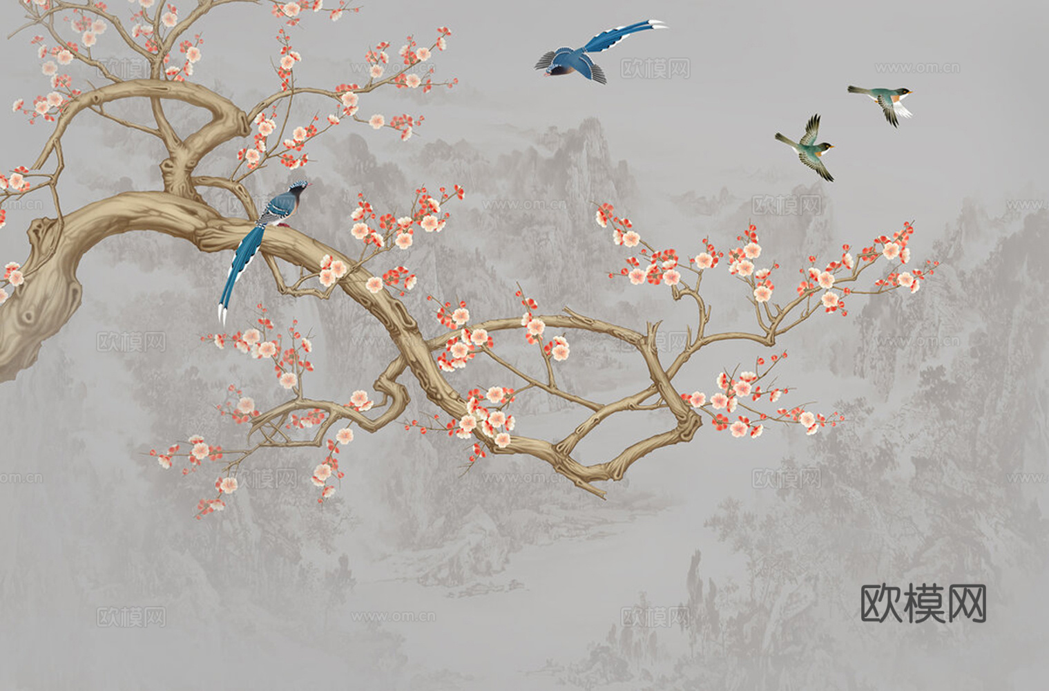 中式花鸟壁画