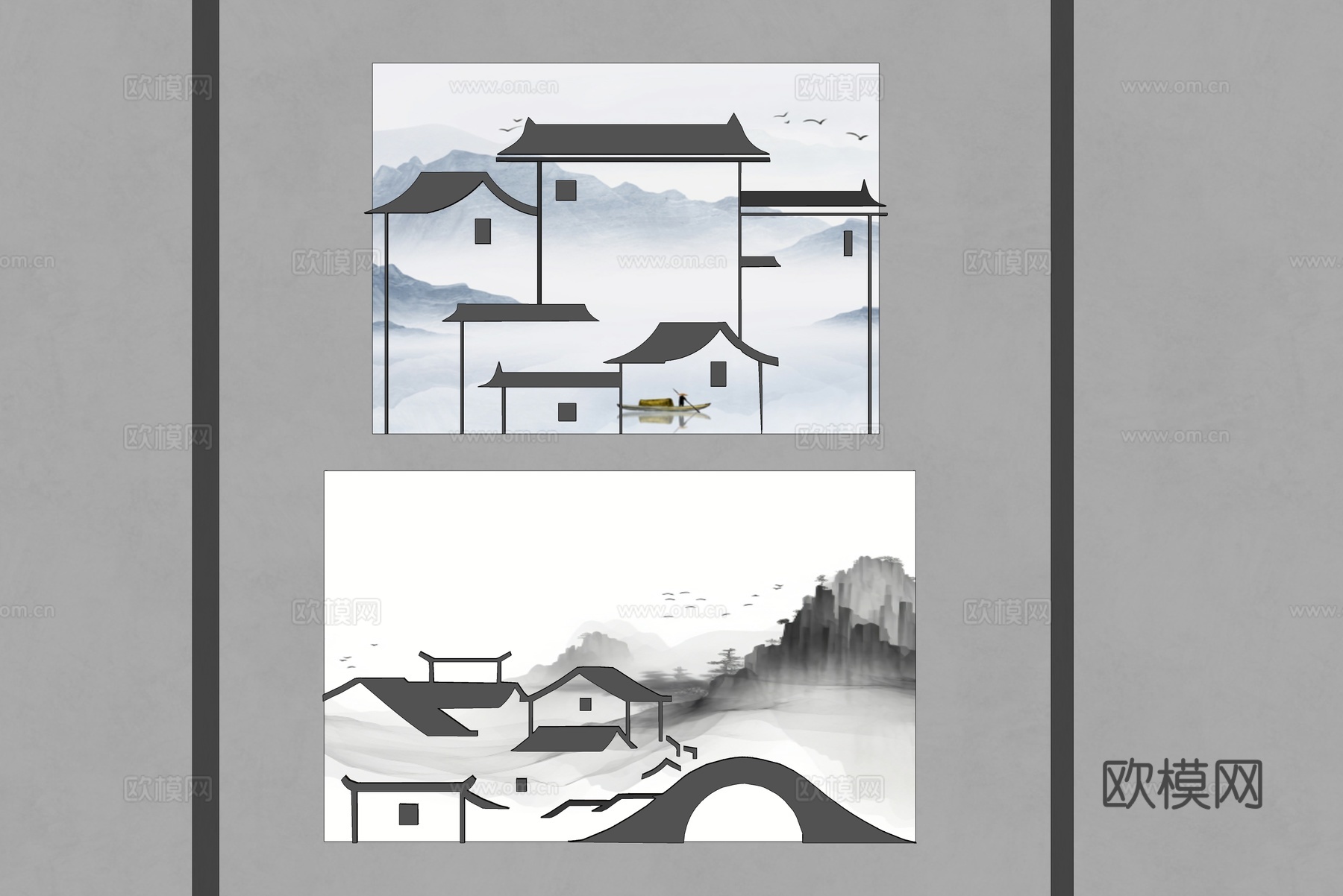 中式瓦片背景墙 江南水乡背景墙 徽派建筑墙饰 新中式装饰挂件su模型