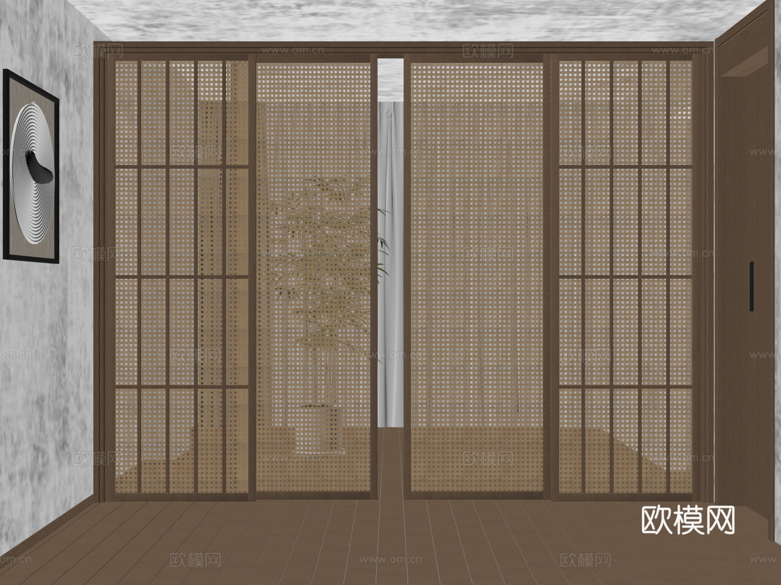 推拉门 新中式推拉门 藤编门su模型