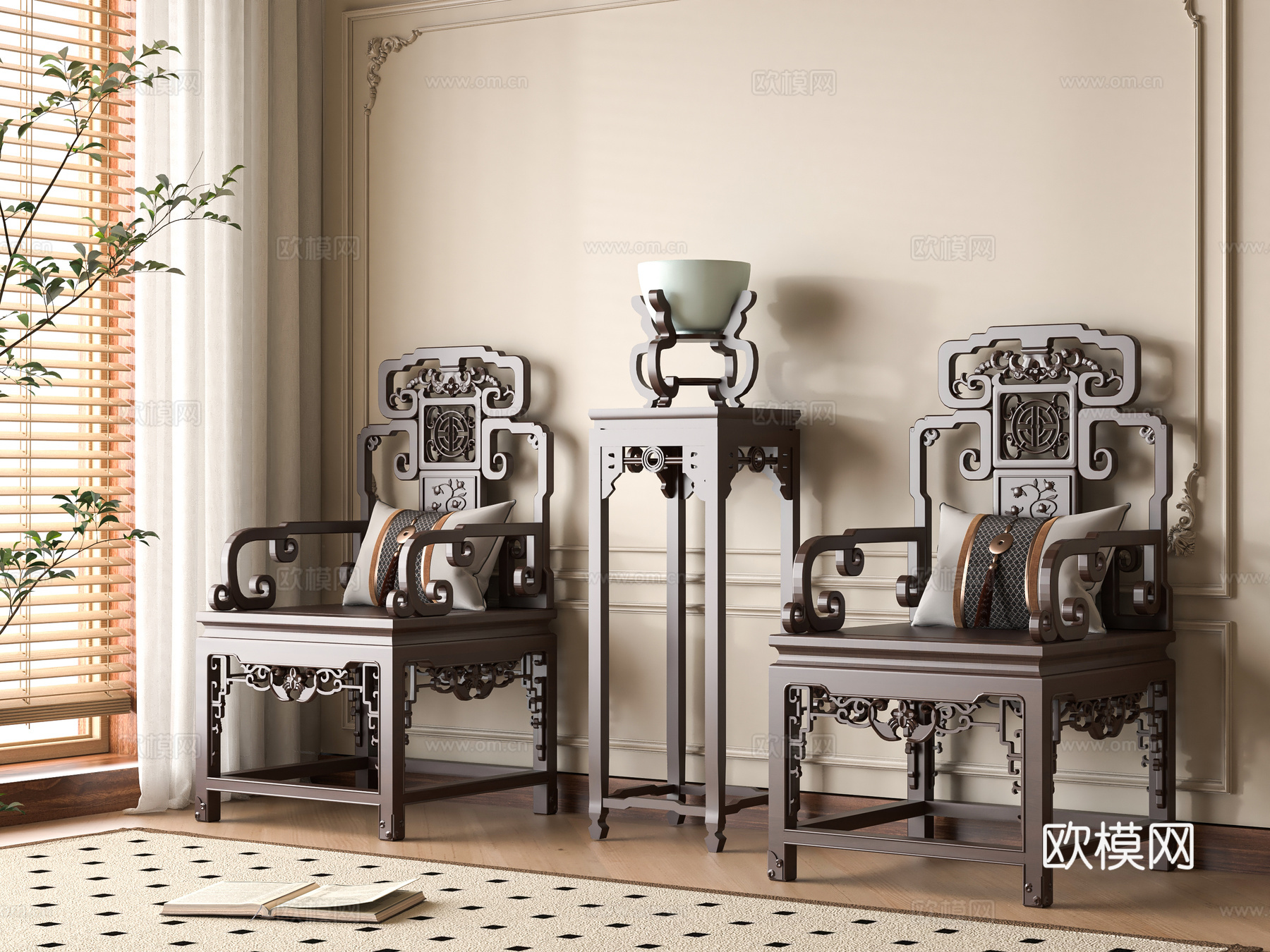 中式雕花休闲椅su模型下载（渲染图1）