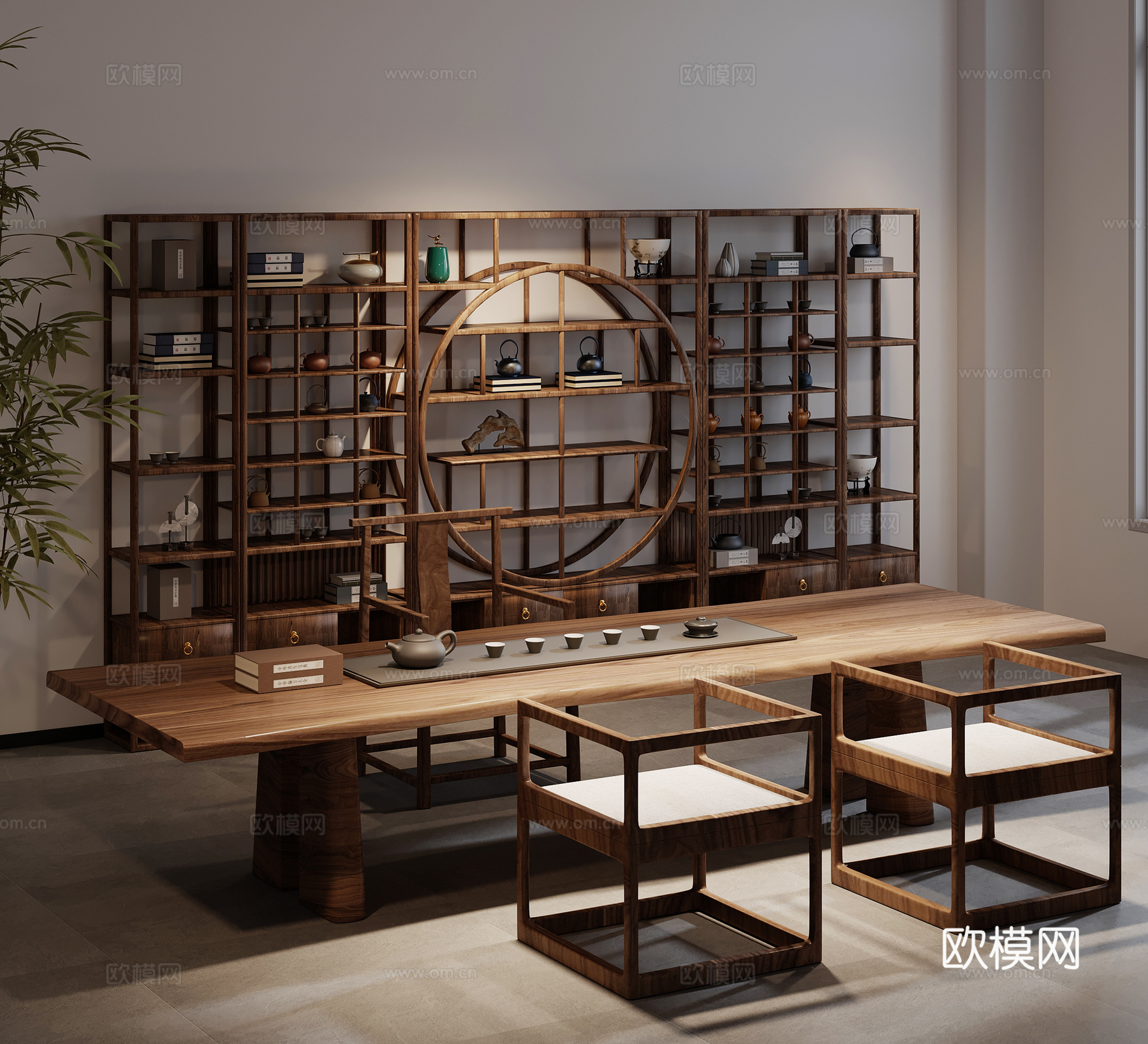 茶室 新中式茶桌椅 博古架3d模型