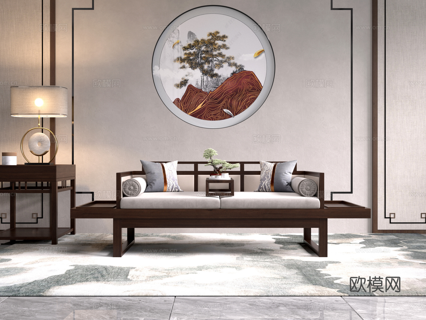 新中式罗汉床 沙发背景墙 饰品摆件 边几 地毯3d模型