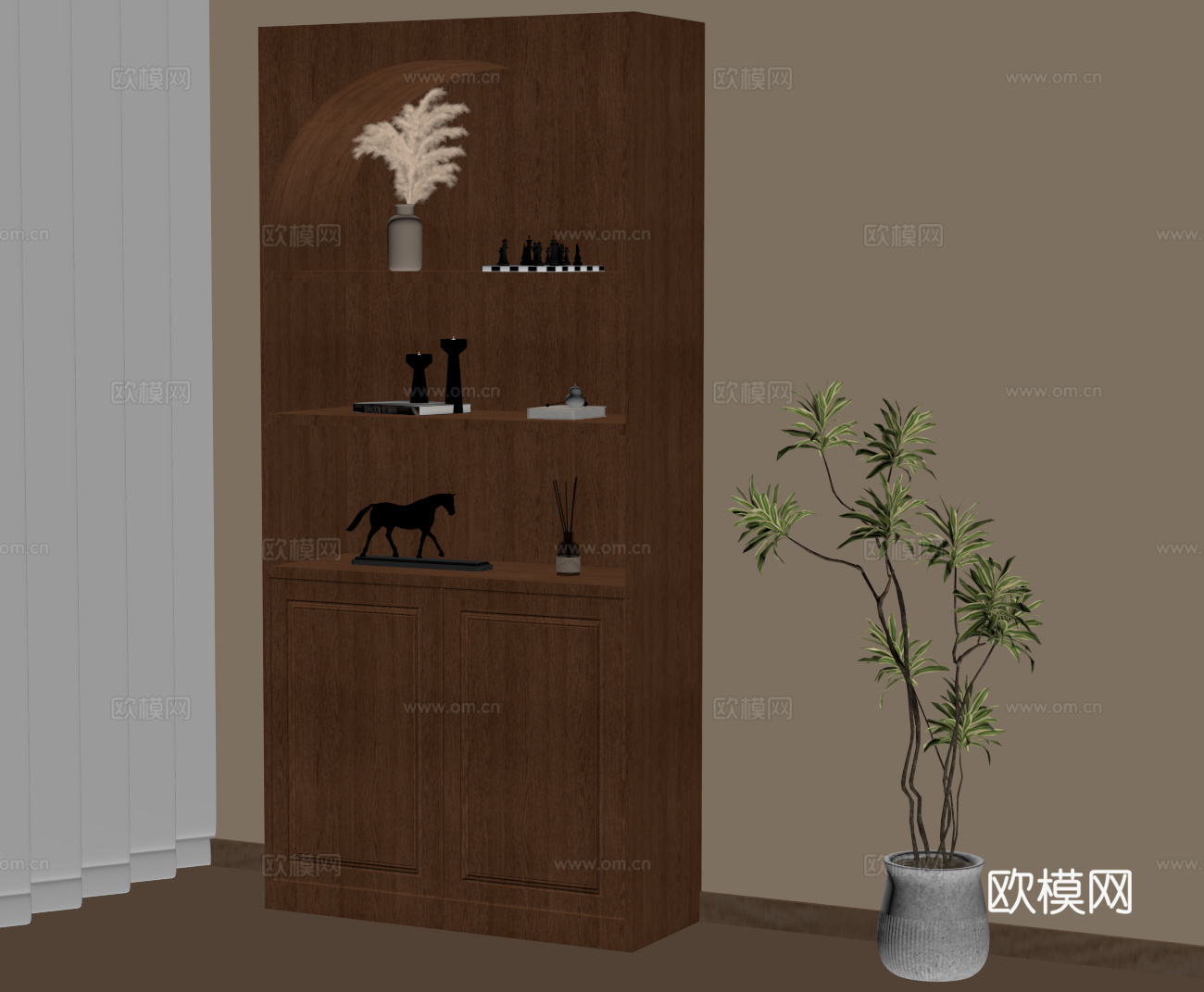 书柜 中古风书柜 高柜 绿植su模型