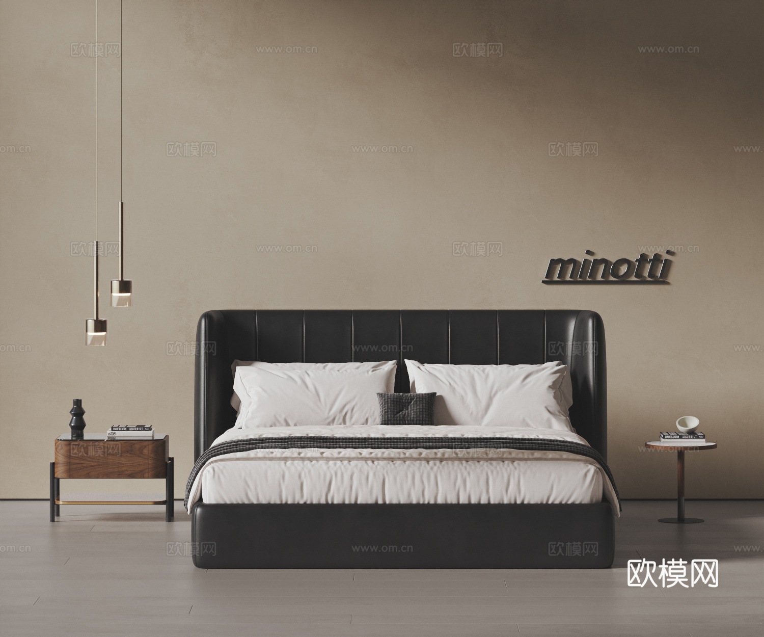 MINOTTI现代双人床 床具床品 床头柜 吊灯 皮革双人床su模型