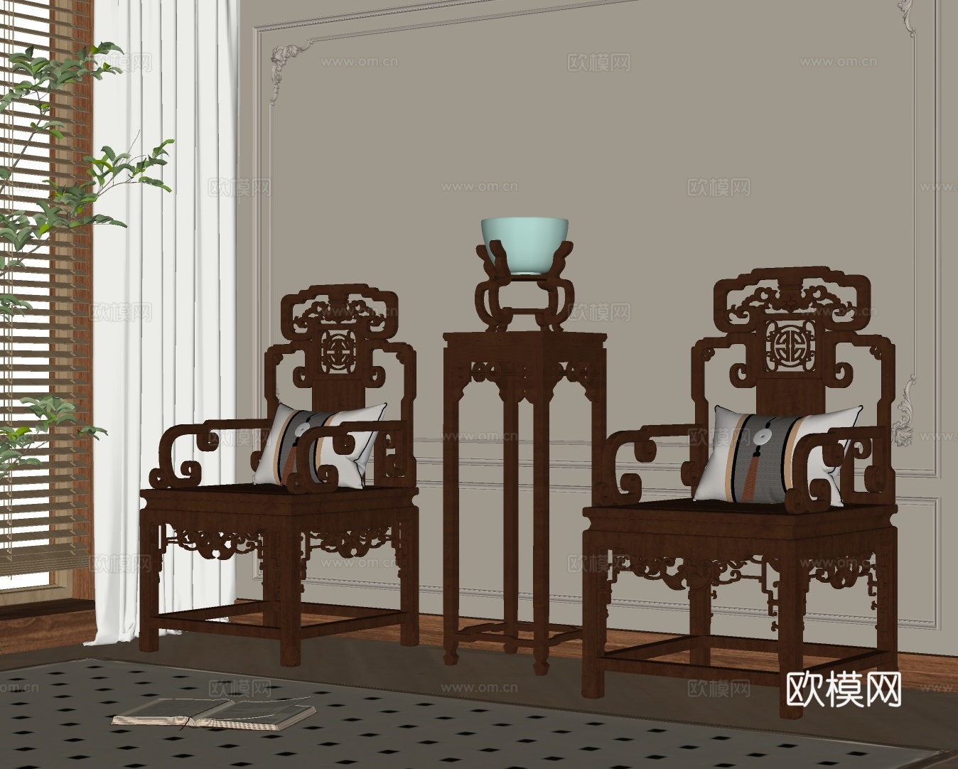 中式雕花休闲椅su模型下载（渲染图2）