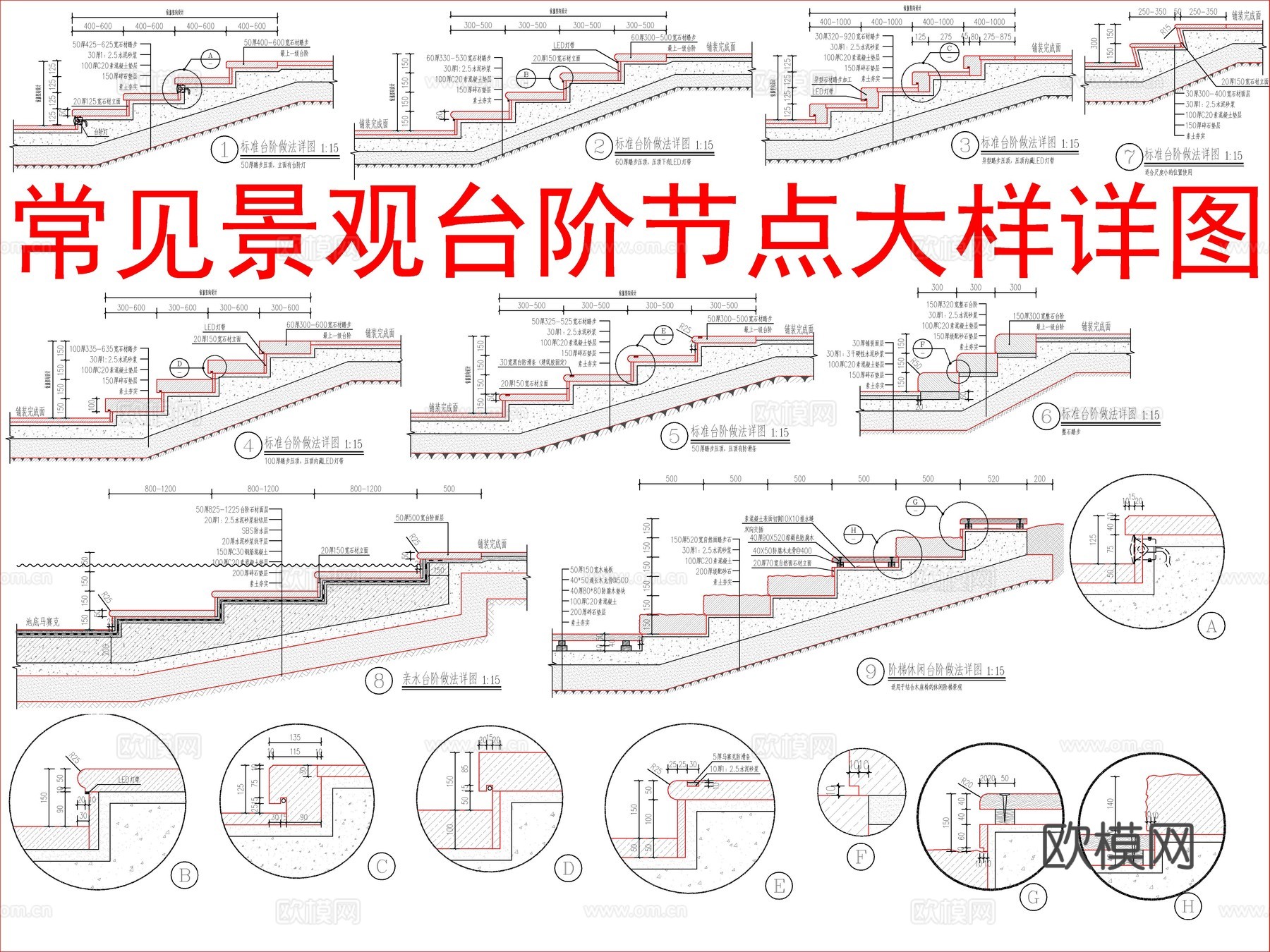 常见景观台阶节点大样详图cad施工图