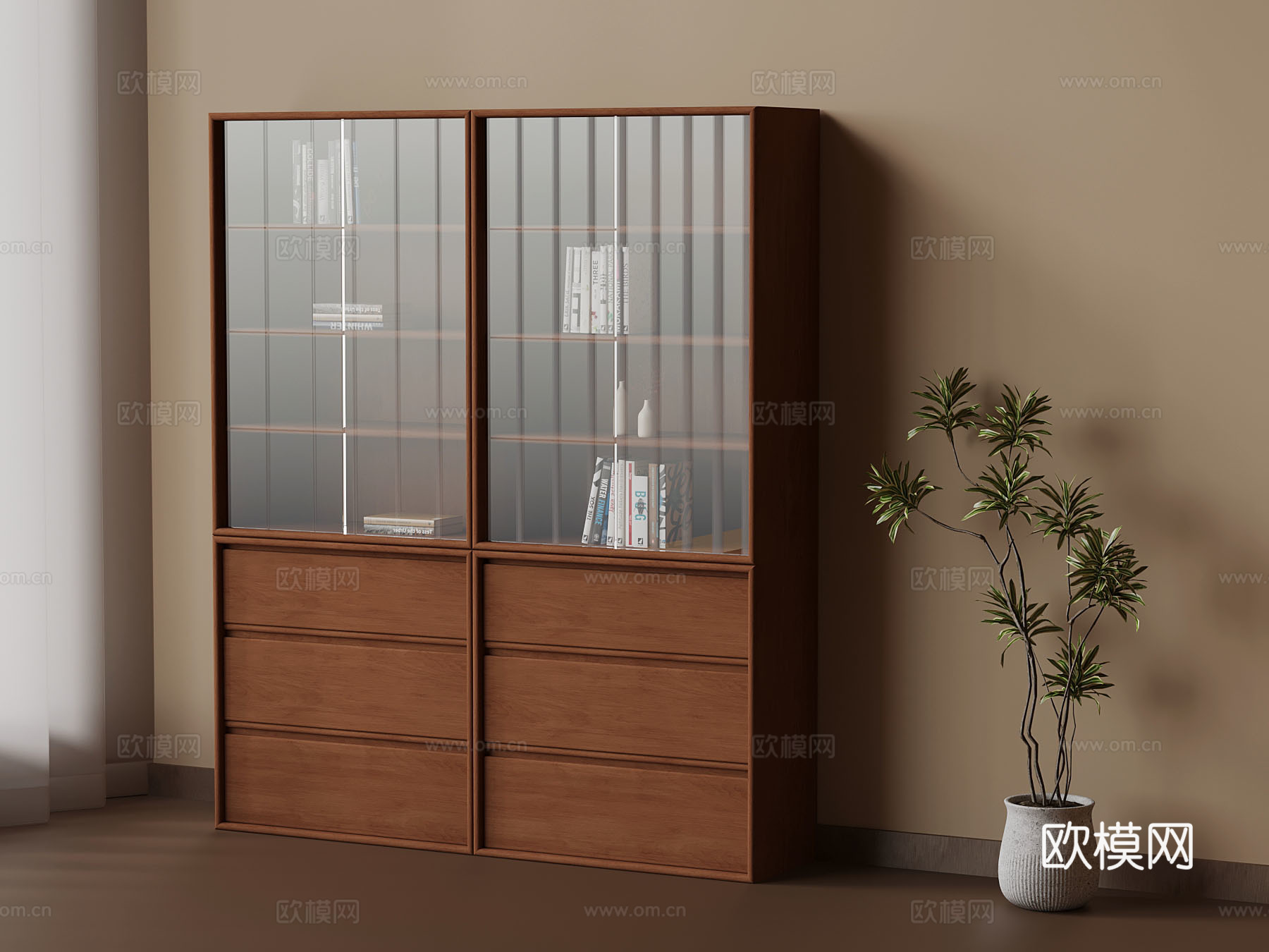 书柜 中古风书柜 书籍 绿植su模型
