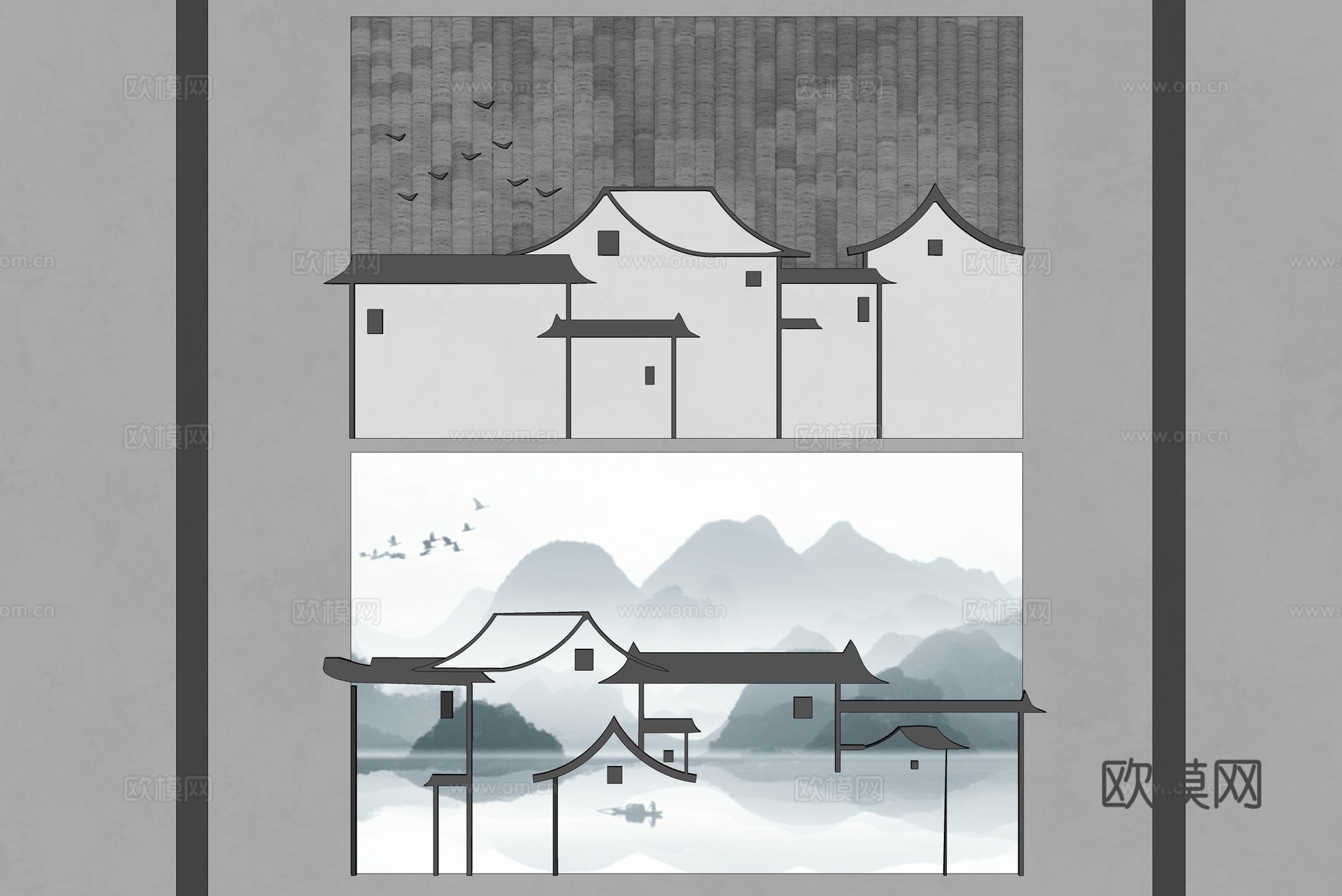 中式瓦片背景墙 江南水乡背景墙 徽派建筑墙饰 新中式装饰挂件su模型