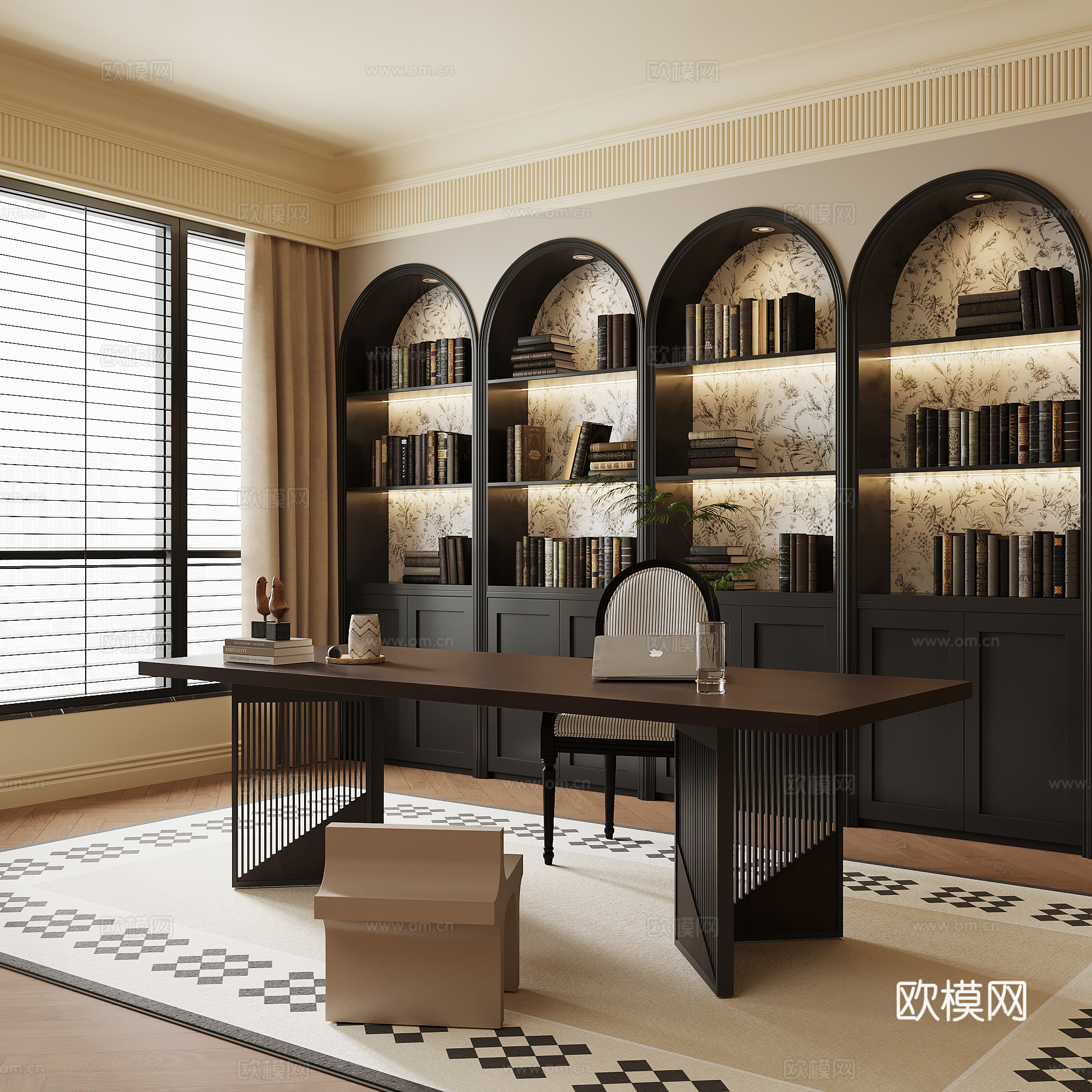 书房 法式中古风书房 书柜 书桌椅su模型