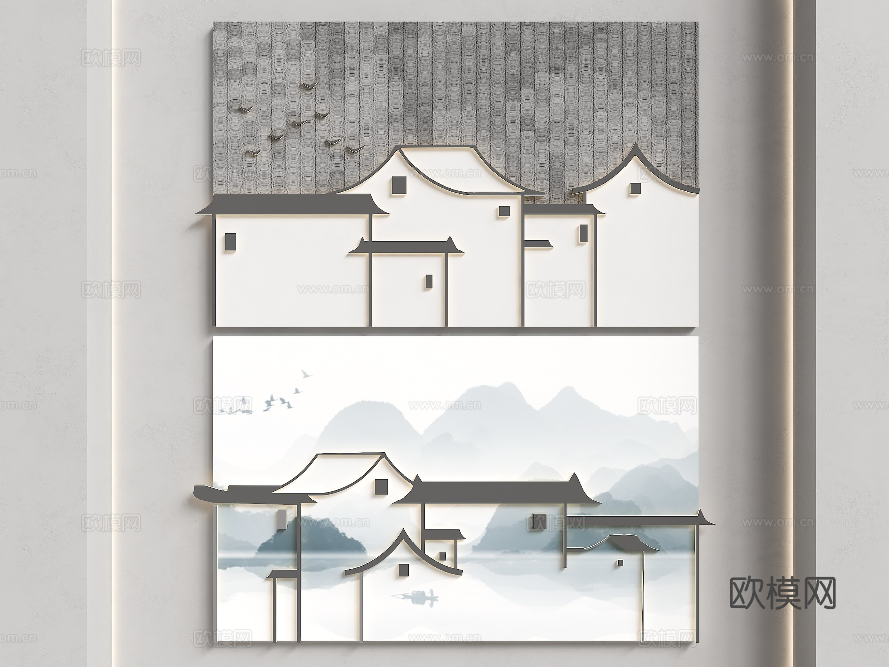 中式瓦片背景墙 江南水乡背景墙 徽派建筑墙饰 新中式装饰挂件su模型