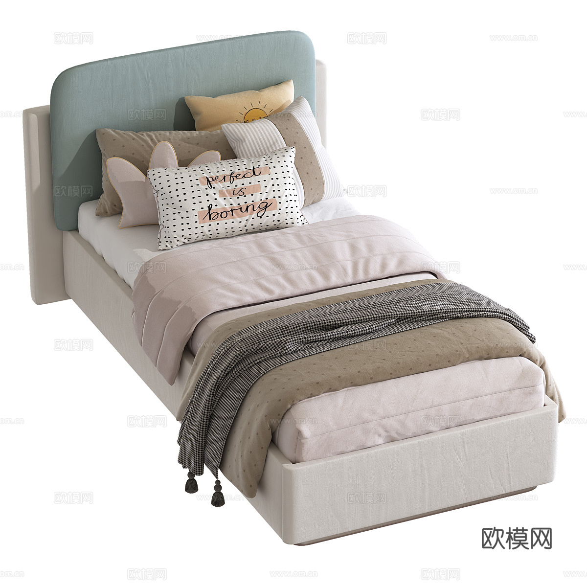 现代奶油风儿童布艺单人床3d模型