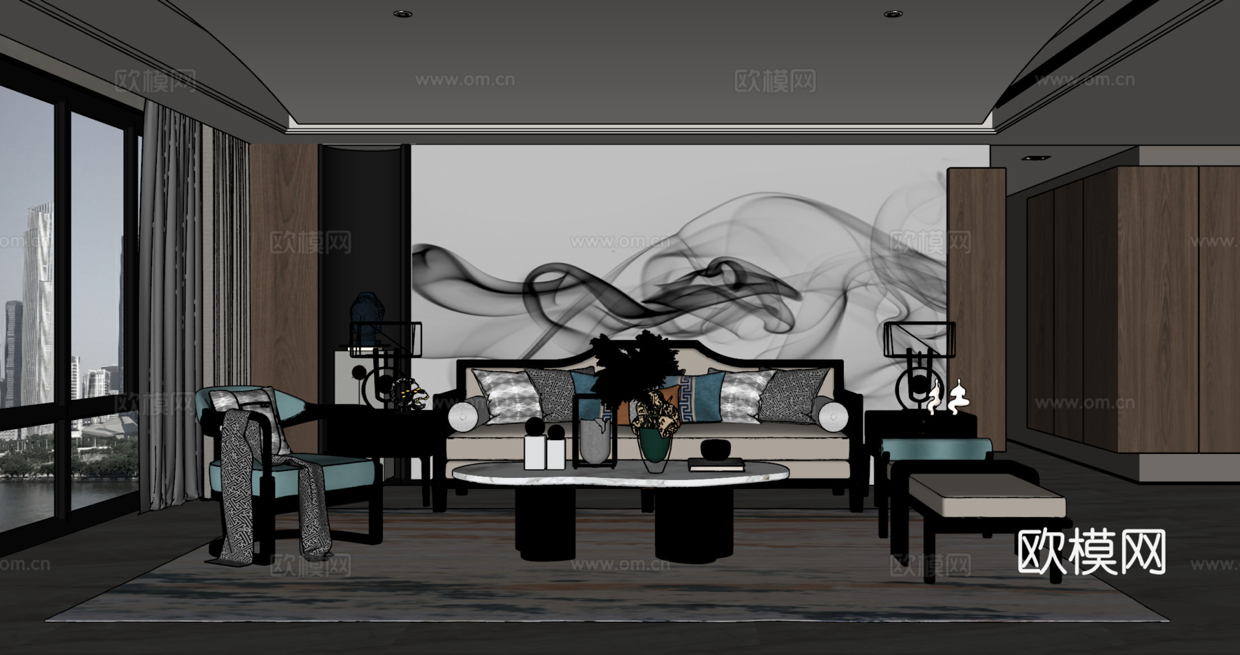新中式客厅 沙发茶几组合 绿植 饰品摆件 台灯 背景墙su模型