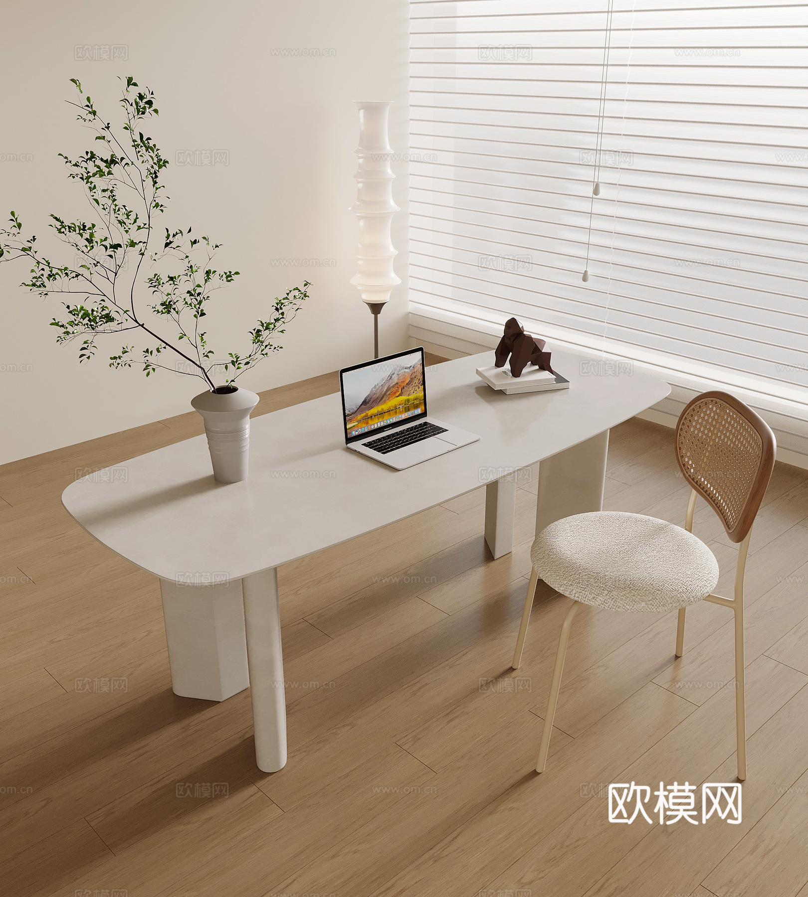 书桌 现代奶油风书桌椅 办公桌椅3d模型