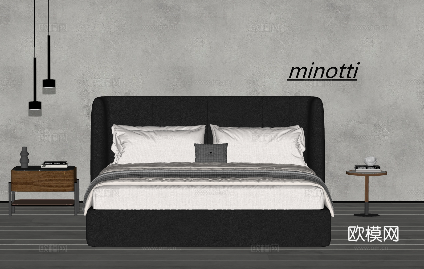 MINOTTI现代双人床 床具床品 床头柜 吊灯 皮革双人床su模型