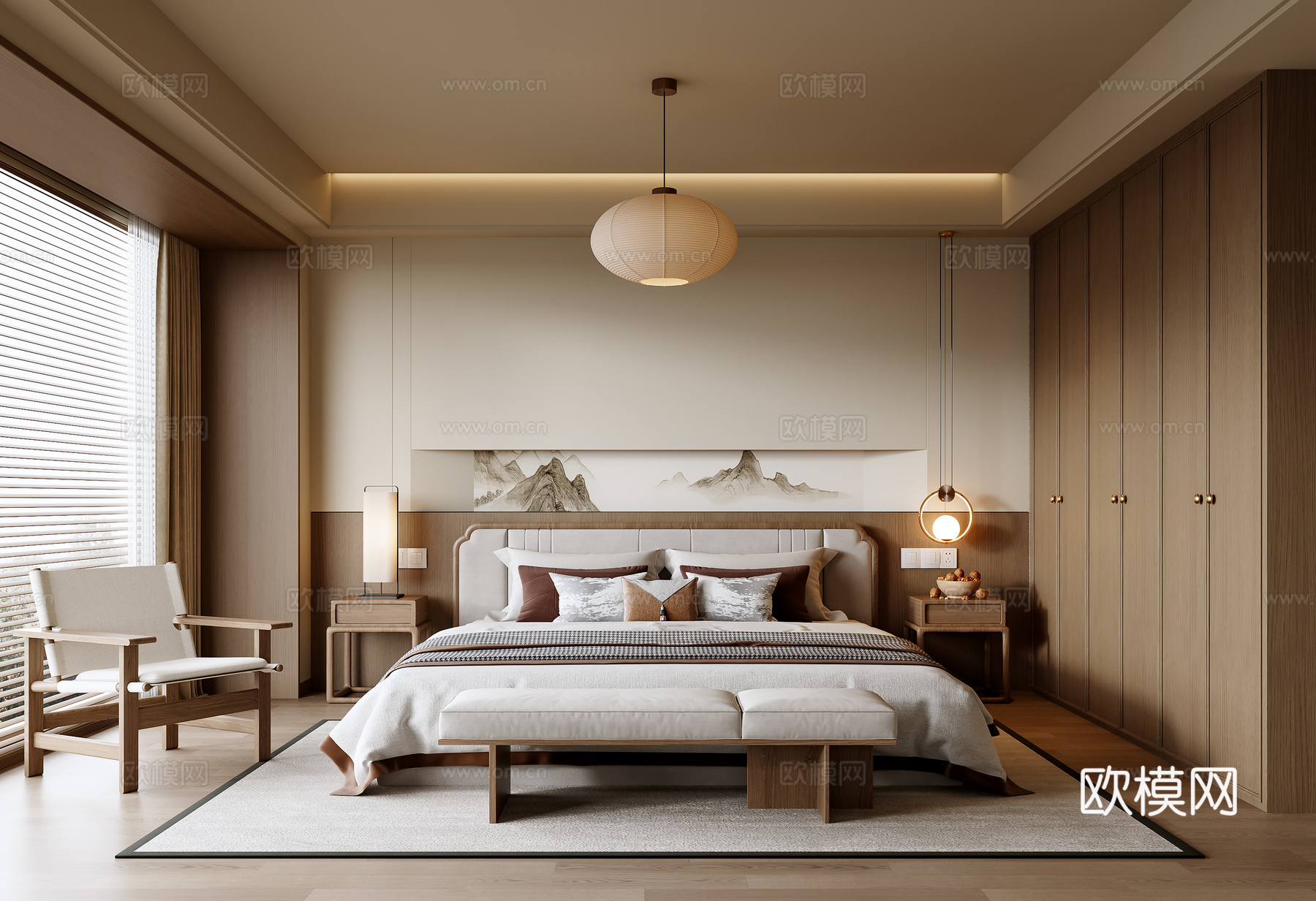 新中式卧室su模型下载（渲染图1）