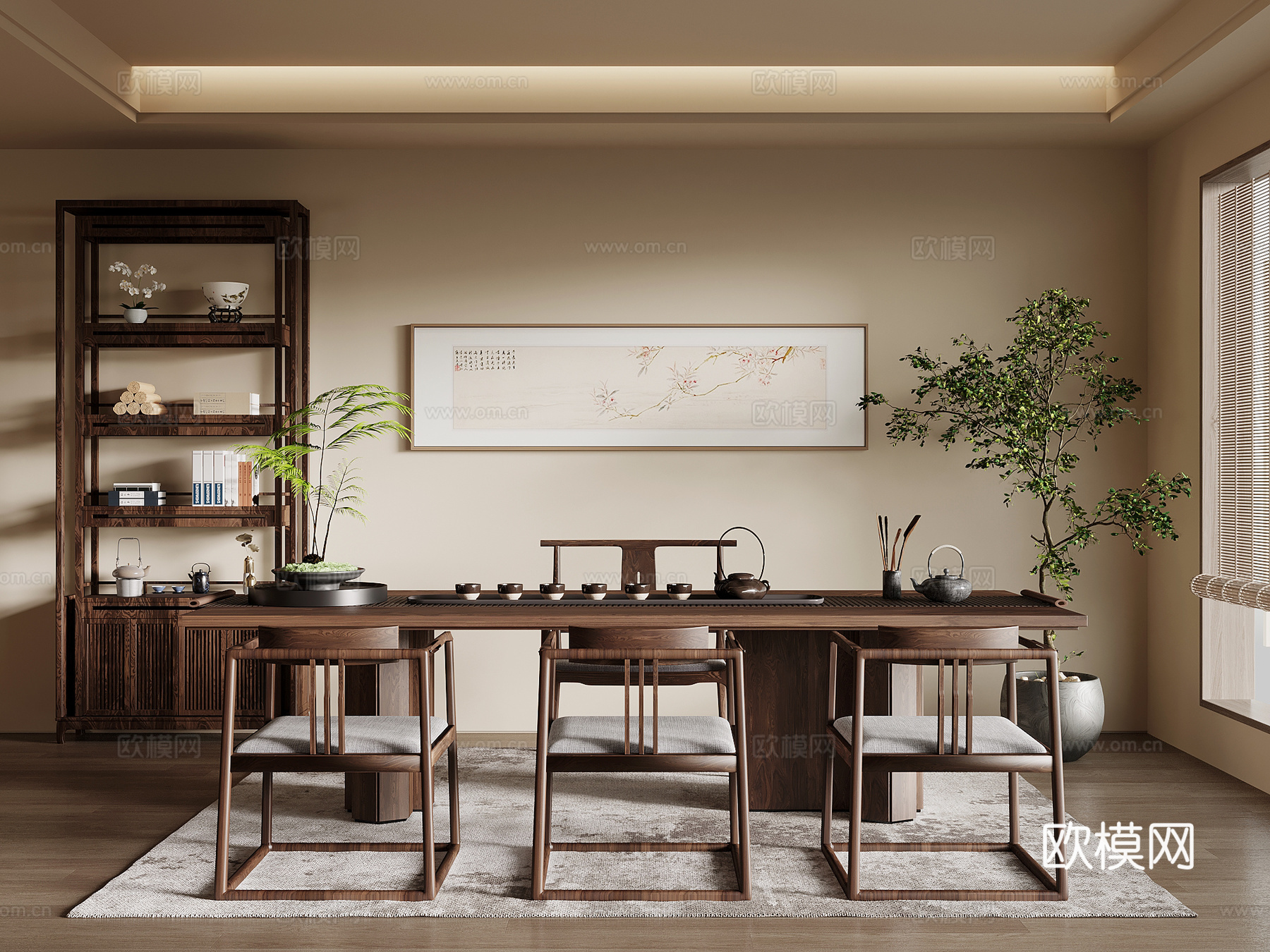 茶室 新中式茶室 博古架 茶桌椅 茶台 茶具3d模型