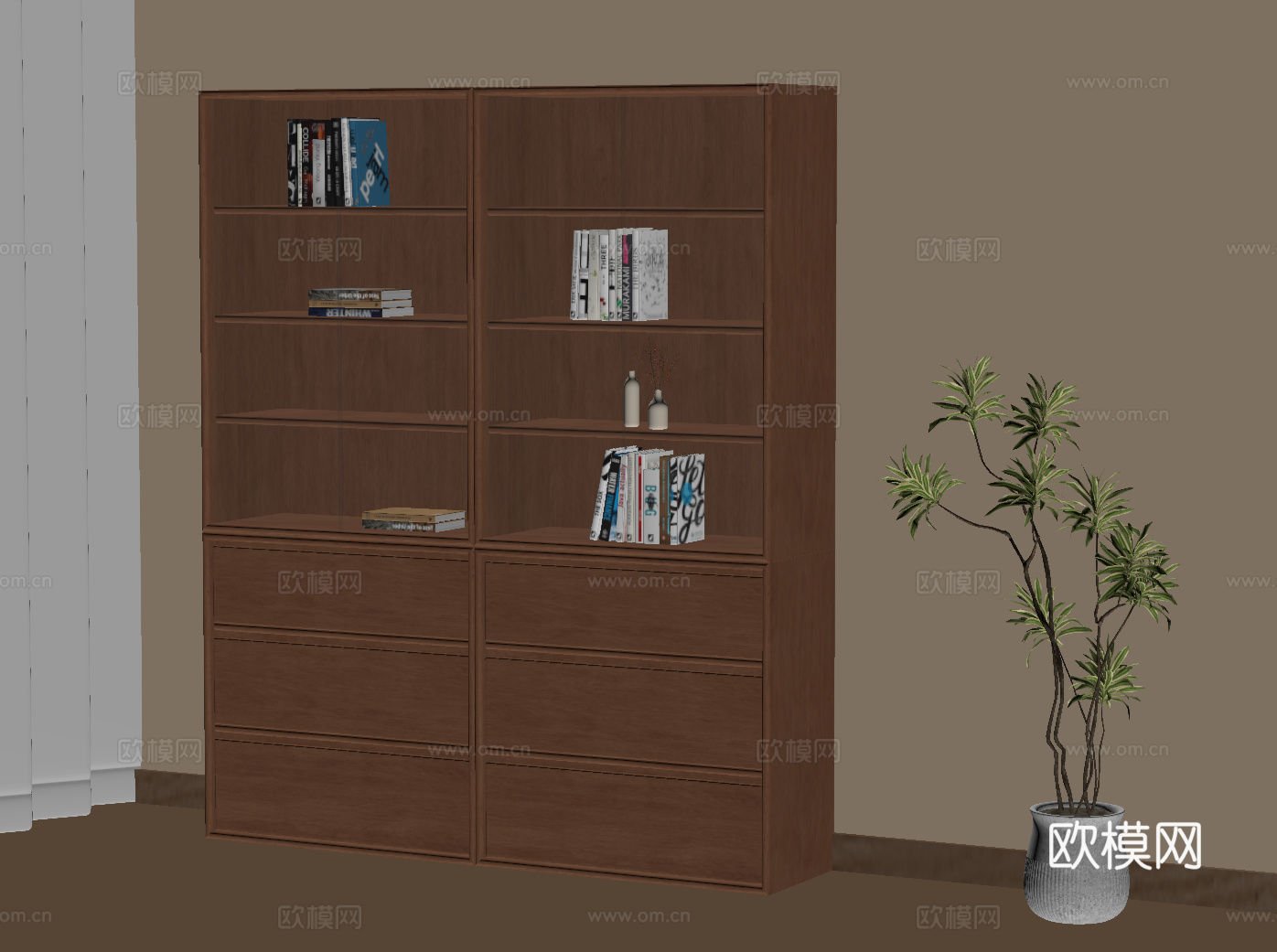 书柜 中古风书柜 书籍 绿植su模型