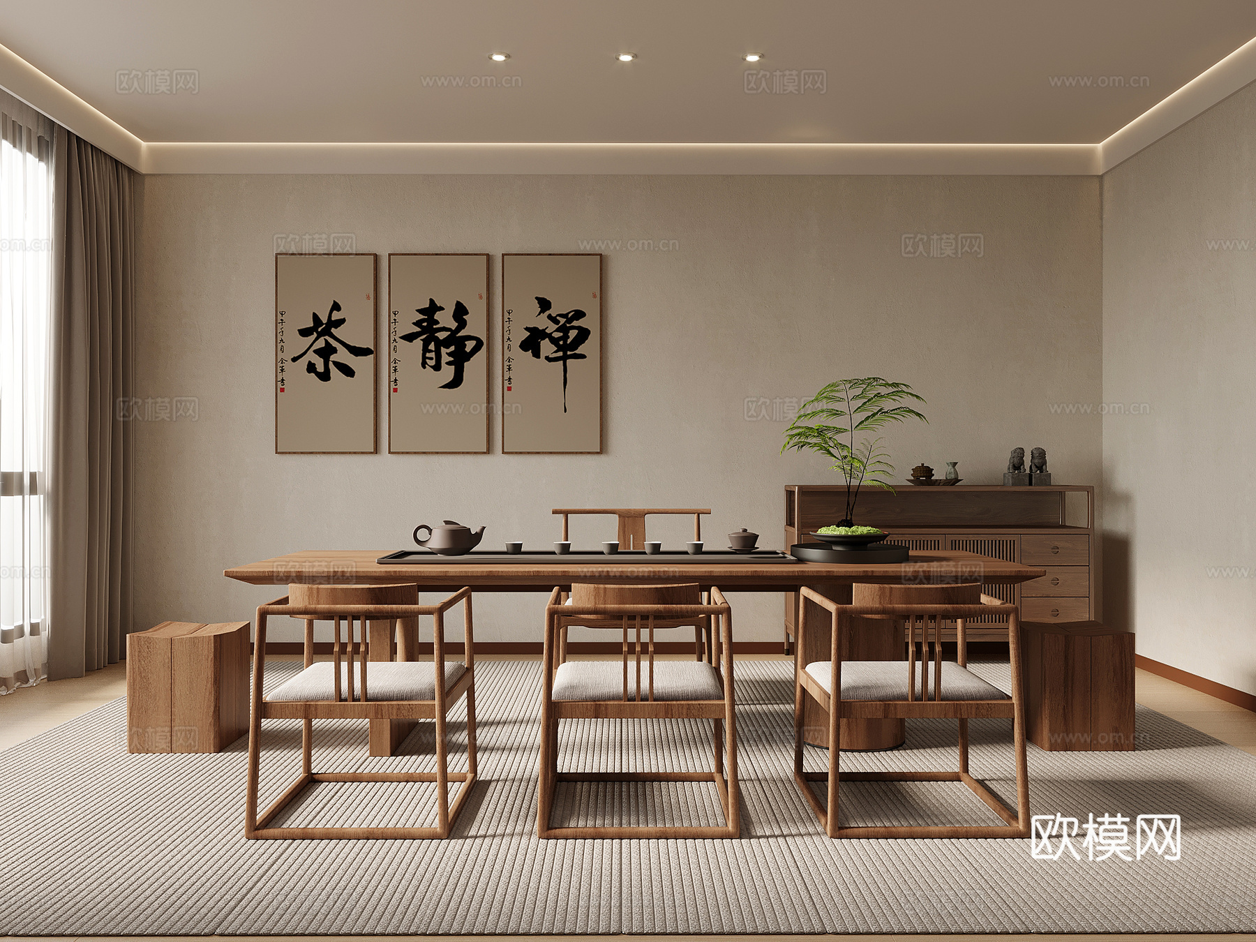 茶室 新中式茶室 茶桌椅组合 茶水柜 挂画3d模型