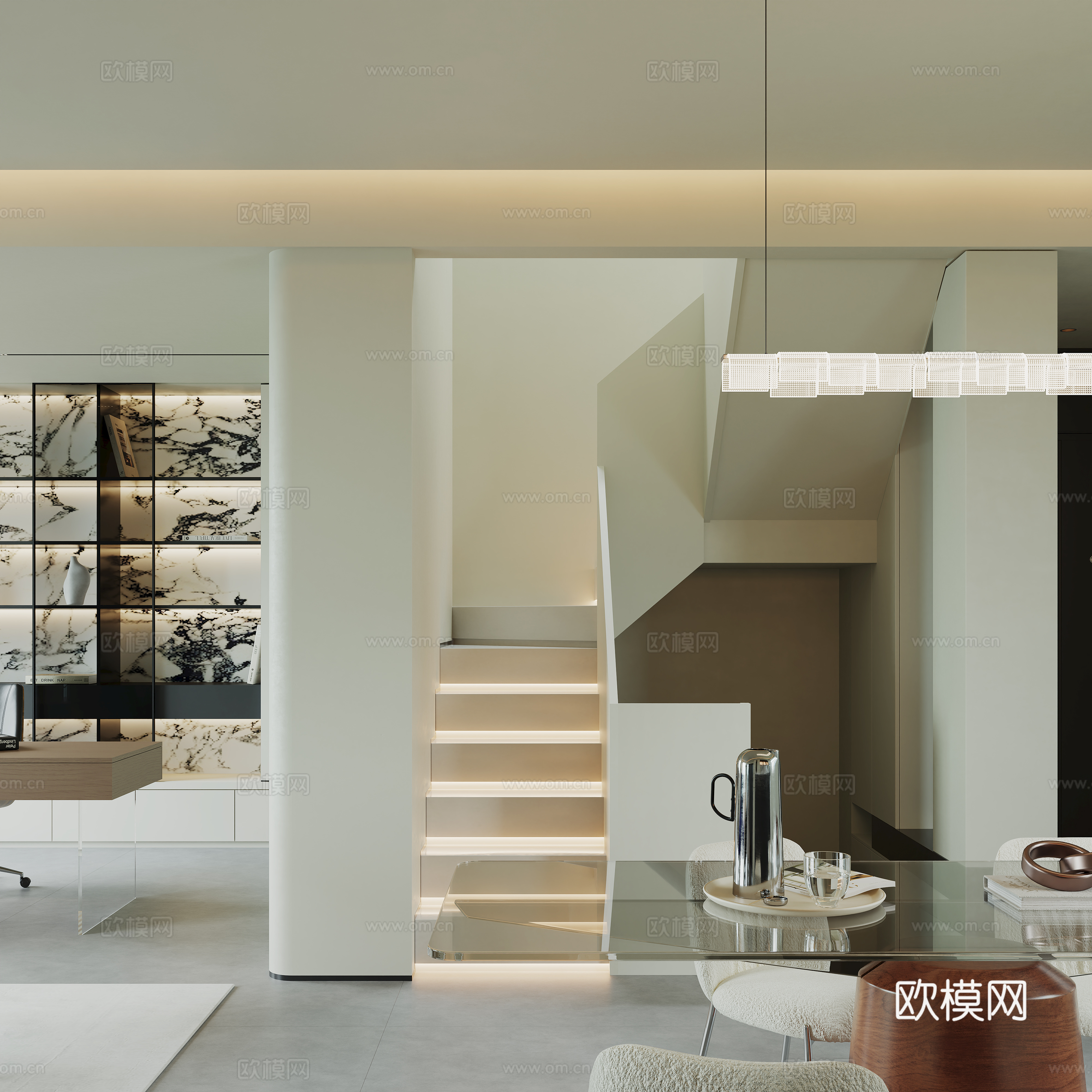 现代极简别墅客餐厅3d模型